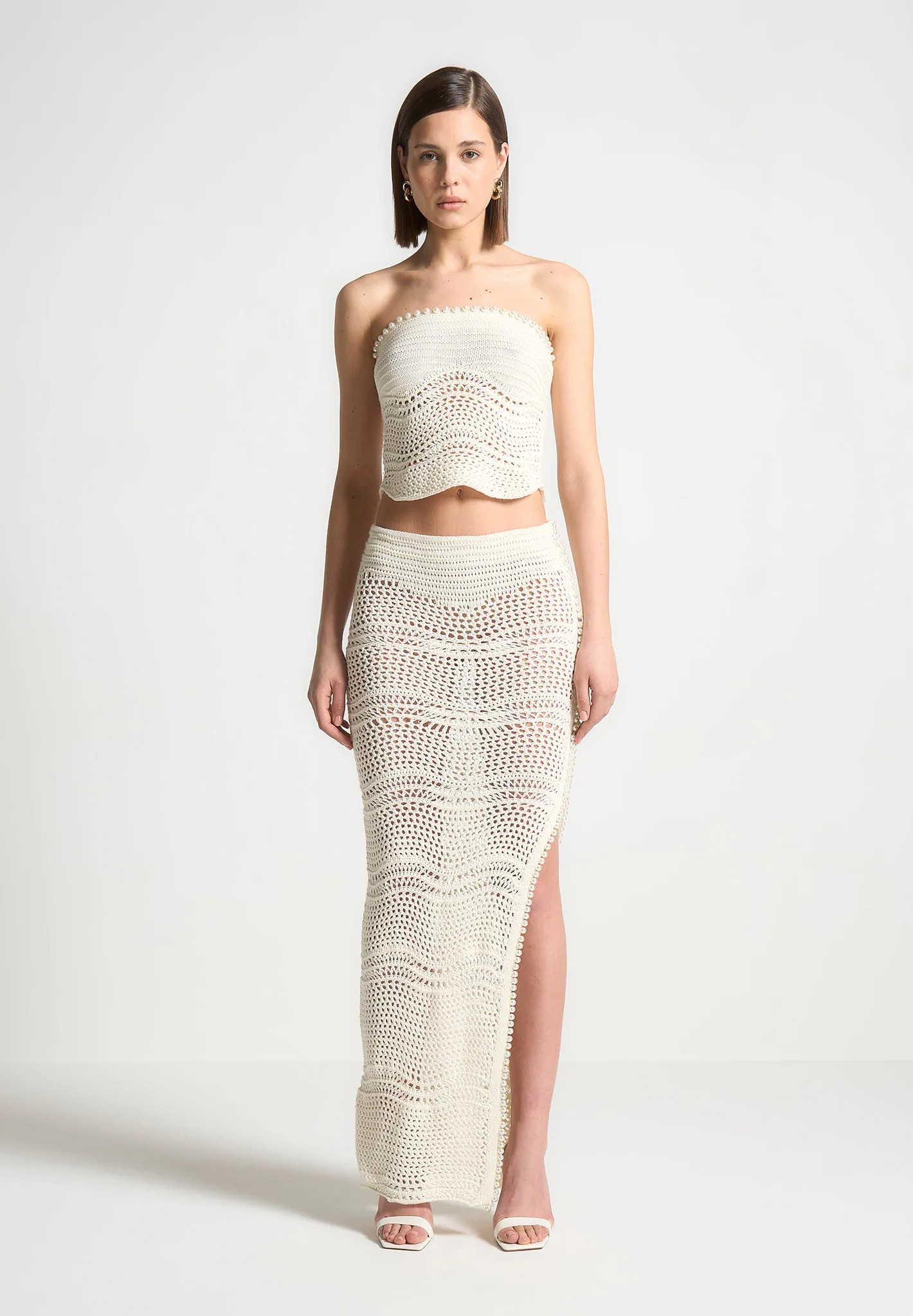 Pearl Applique Crochet Maxi Skirt - Cream sold by Maniere De Voir product image thumbnail 5