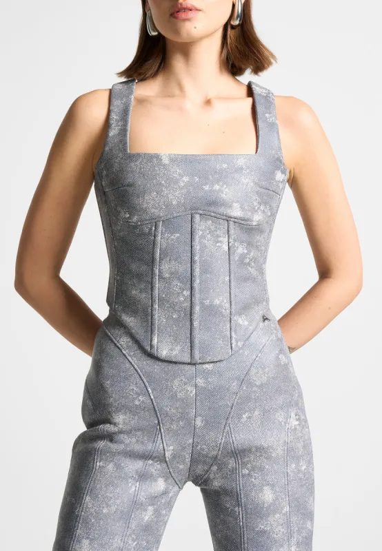 Leather Denim Effect Corset Top - Blue sold by Maniere De Voir