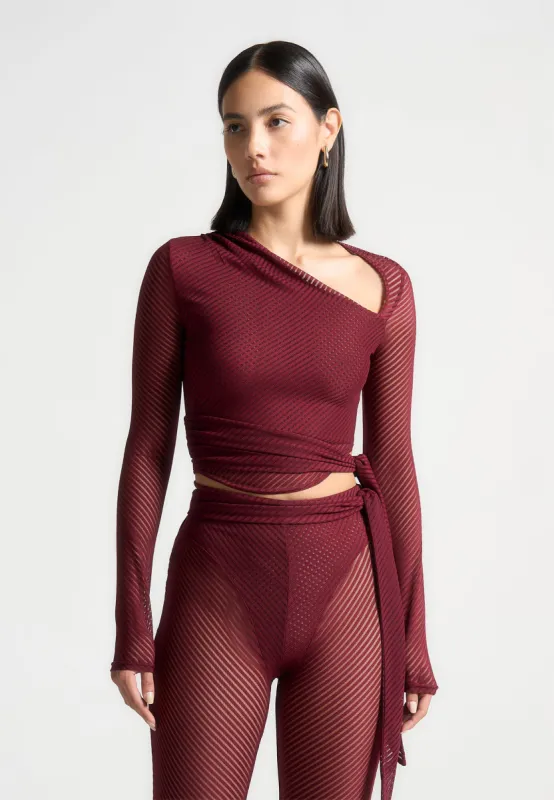 Ribbed Sheer Top with Tie - Wine Red sold by Maniere De Voir
