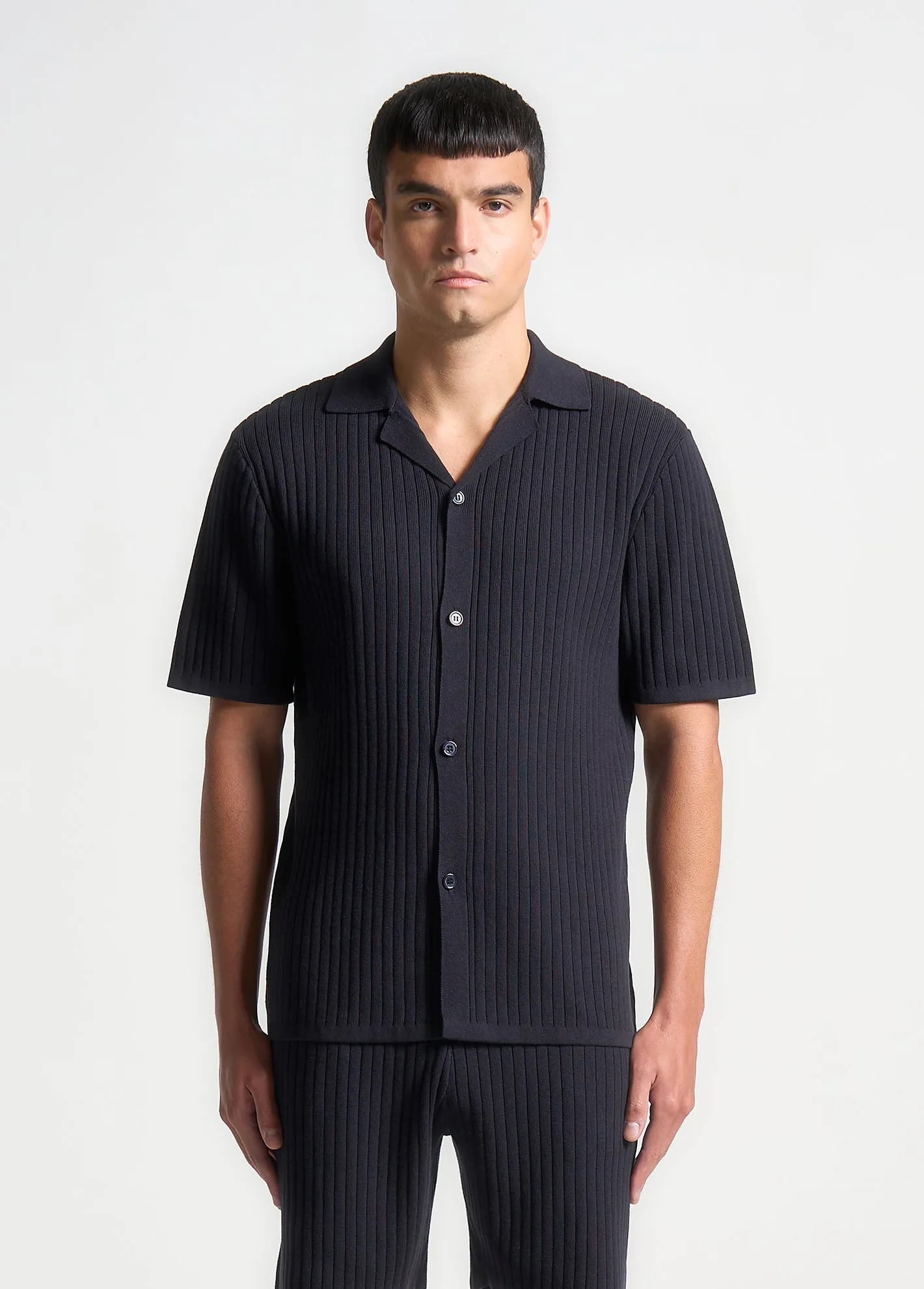 Ribbed Knit Revere Shirt - Navy sold by Maniere De Voir product image thumbnail 5