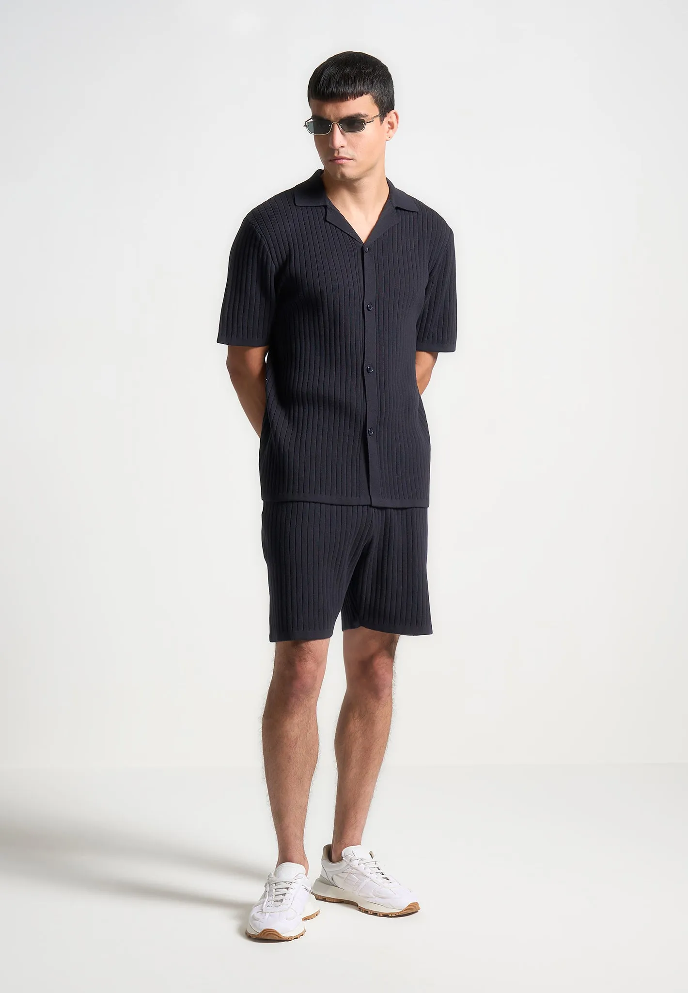 Ribbed Knit Revere Shirt - Navy sold by Maniere De Voir product image thumbnail 3