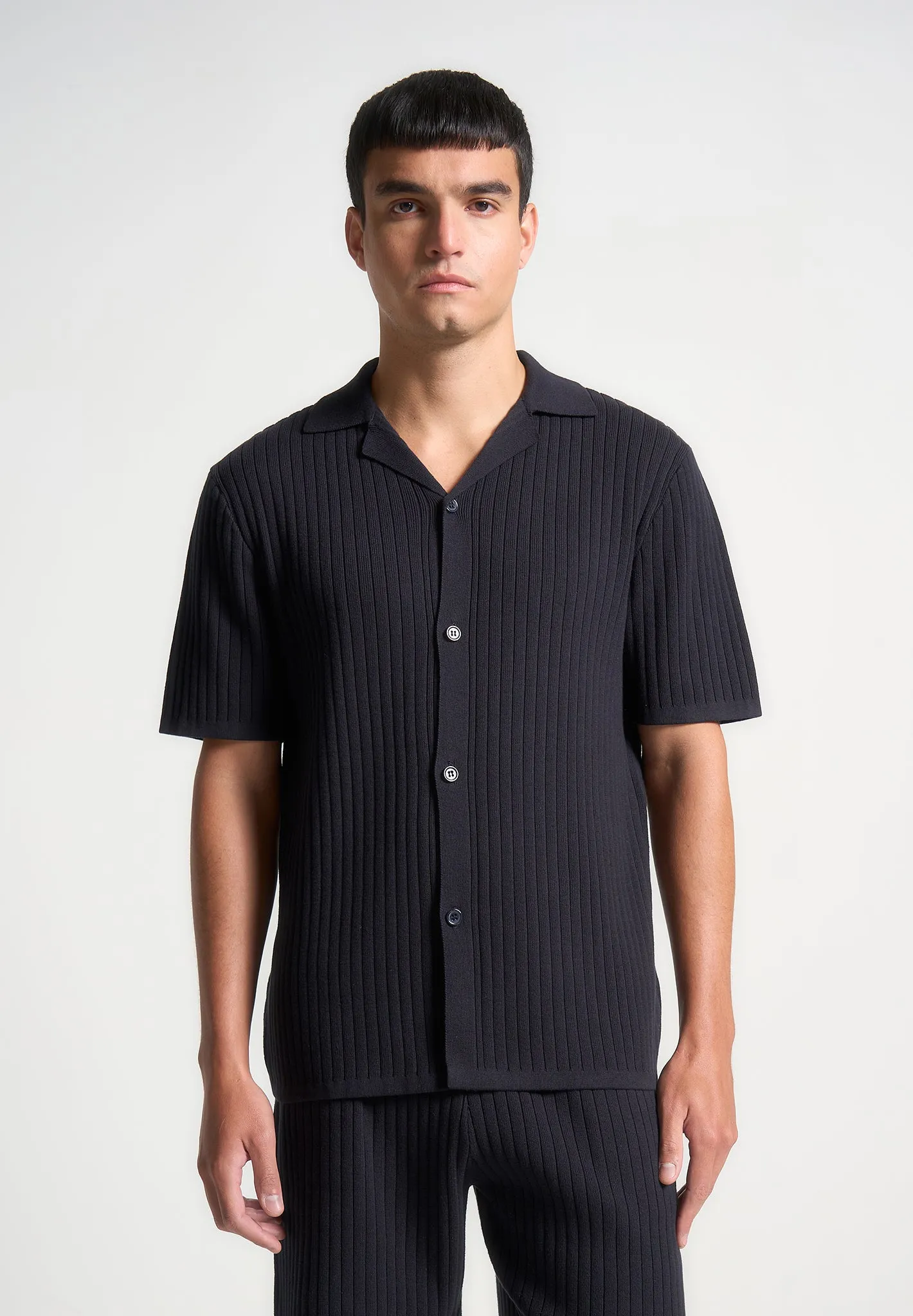 Ribbed Knit Revere Shirt - Navy sold by Maniere De Voir