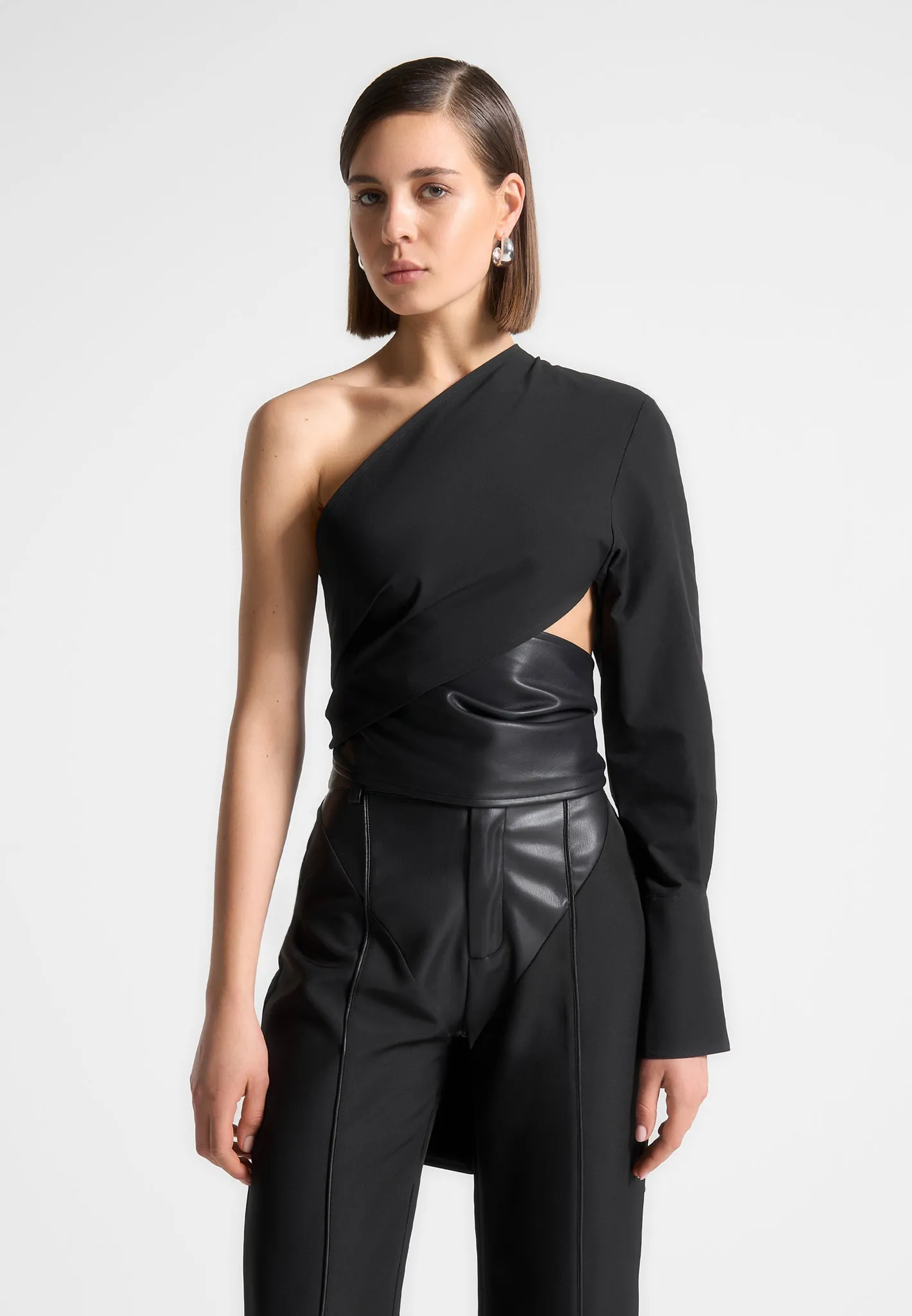 Coralie - One Sleeve Leather Wrap Top - Black sold by Maniere De Voir