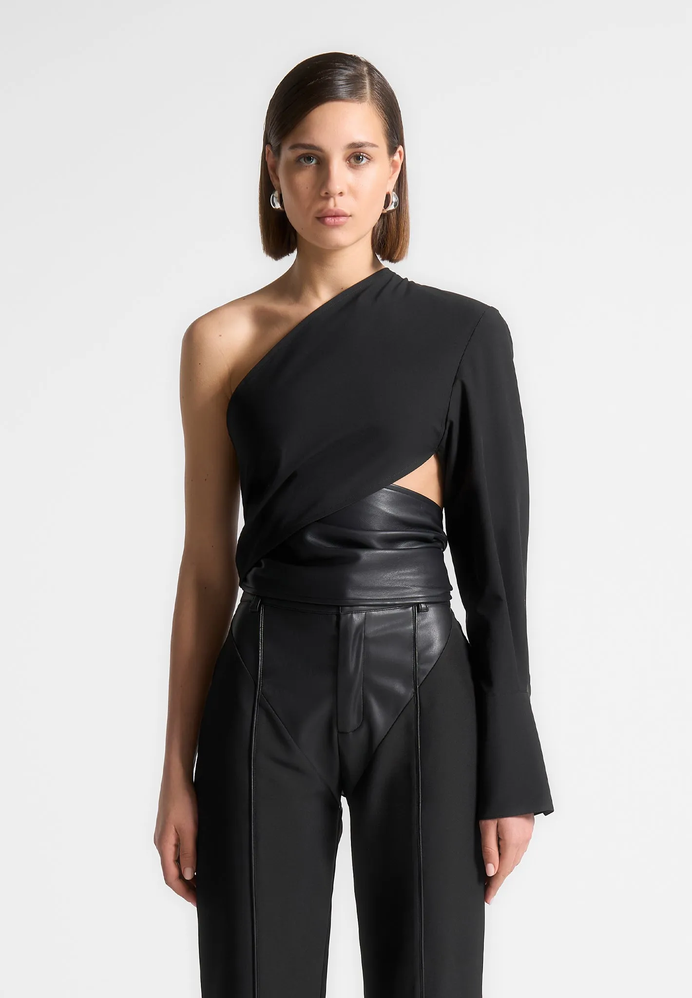 Coralie - One Sleeve Leather Wrap Top - Black sold by Maniere De Voir product image thumbnail 3