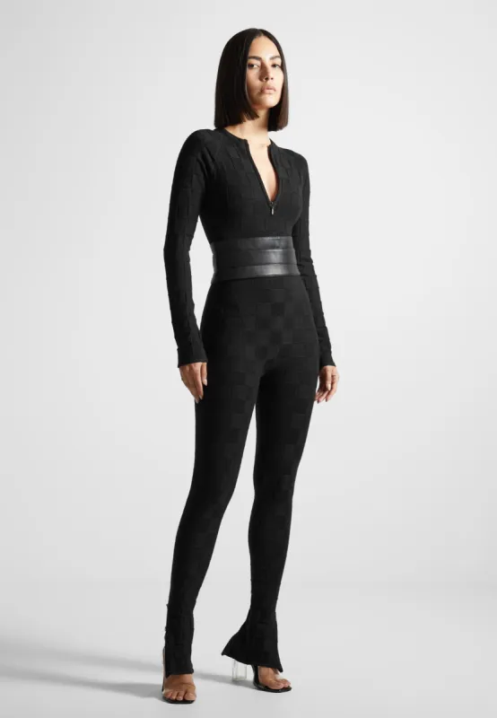 Chequerboard Knit Jumpsuit with Belt - Black sold by Maniere De Voir