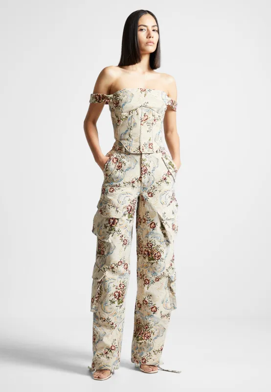 Anne - Floral Jacquard High Waisted Cargo Pants - Beige sold by Maniere De Voir