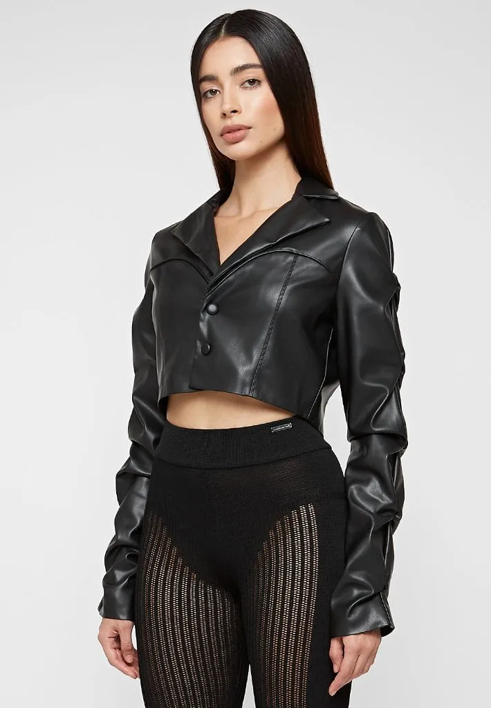 Tacked Leather Cropped Jacket - Black sold by Maniere De Voir product image thumbnail 5
