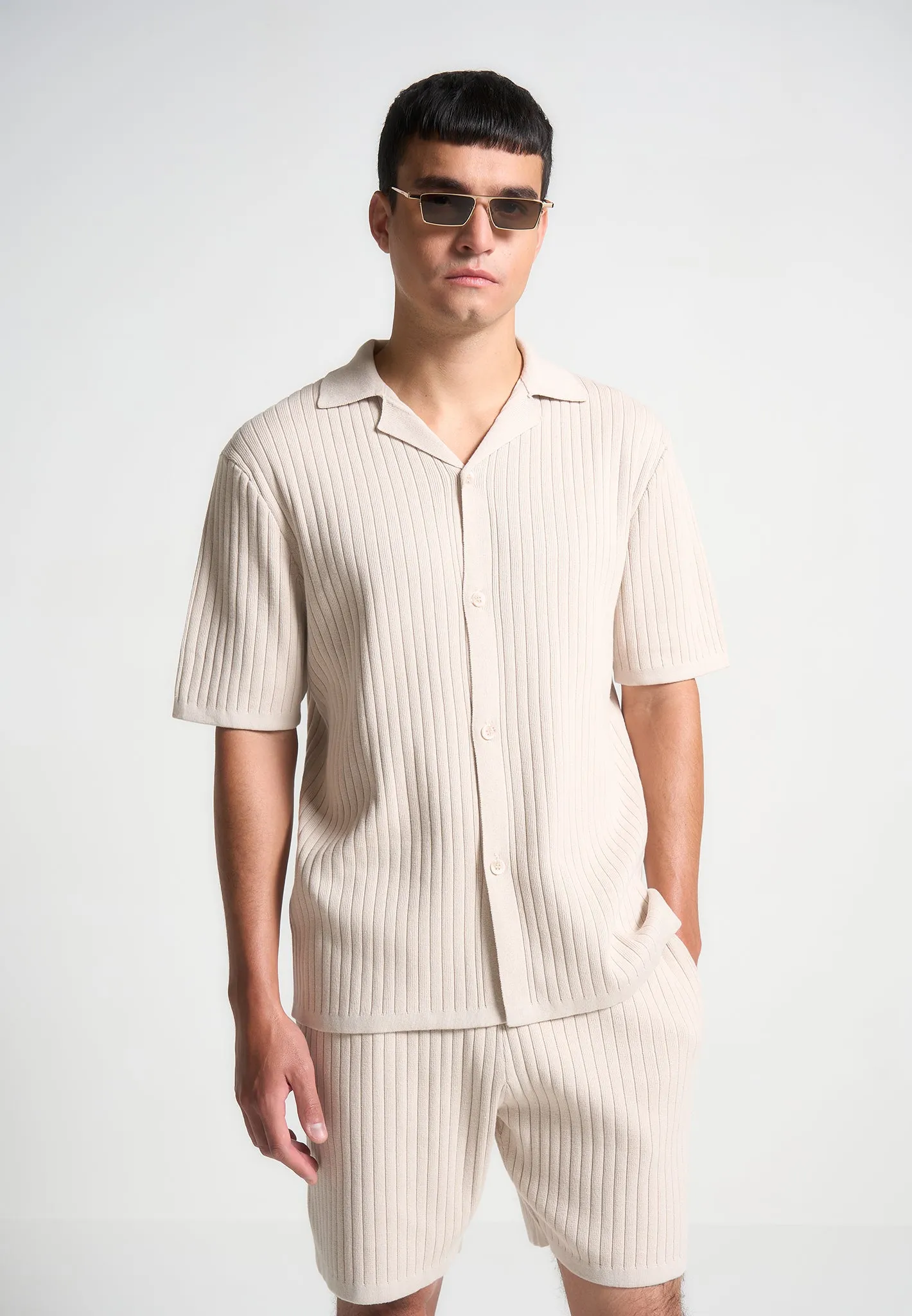 Ribbed Knit Revere Shirt - Cream sold by Maniere De Voir