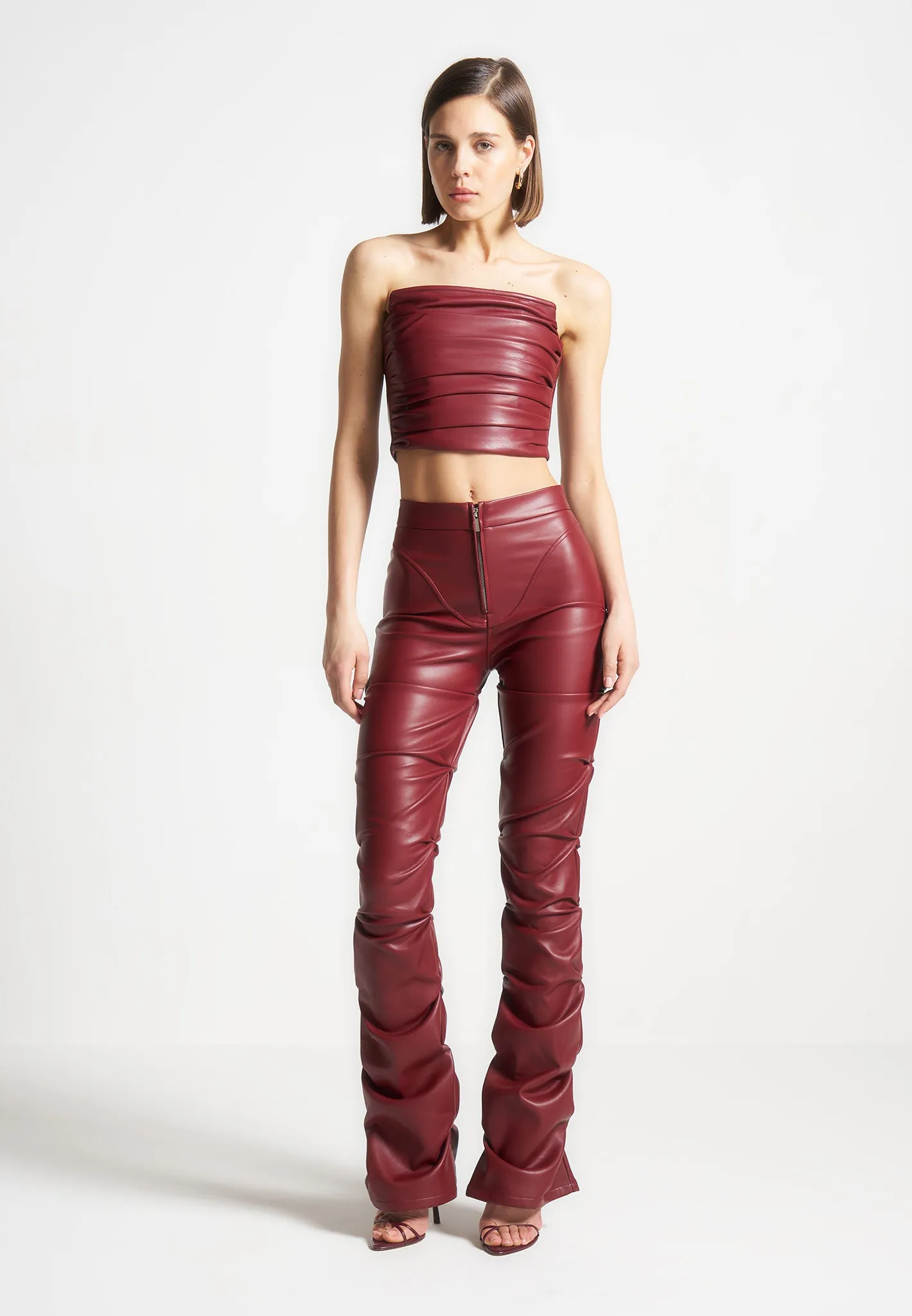 Caroline - Tacked Leather Flared Trousers - Wine Red sold by Maniere De Voir