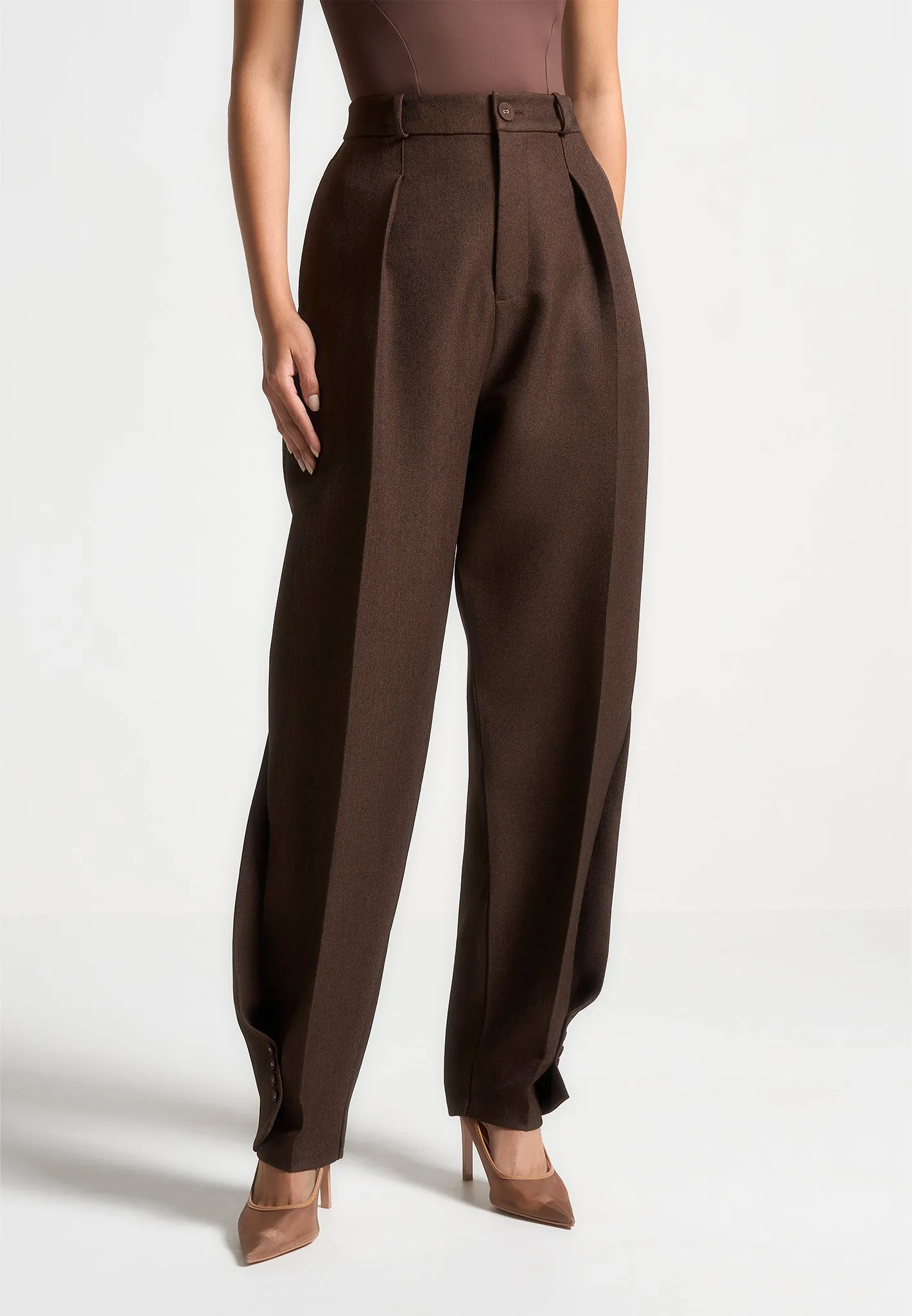 Sophie - Twist Leg Tailored Trousers - Brown sold by Maniere De Voir