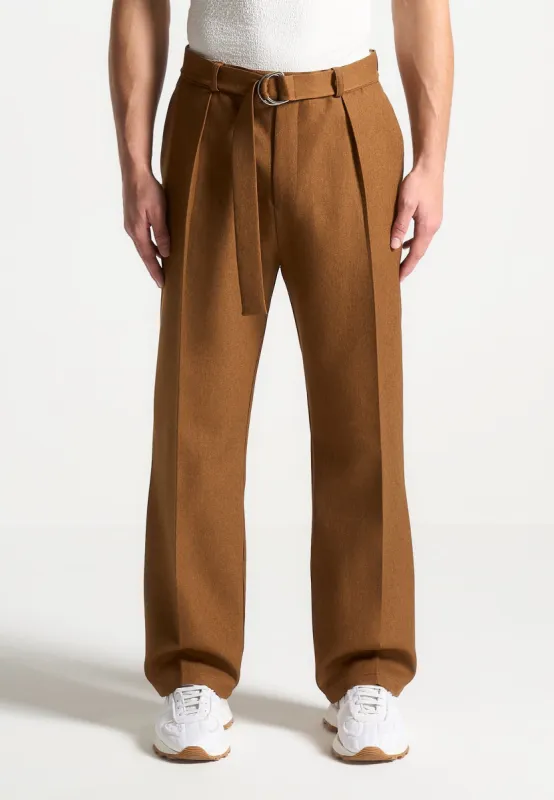 Textured Belted Tailored Trousers - Fawn sold by Maniere De Voir