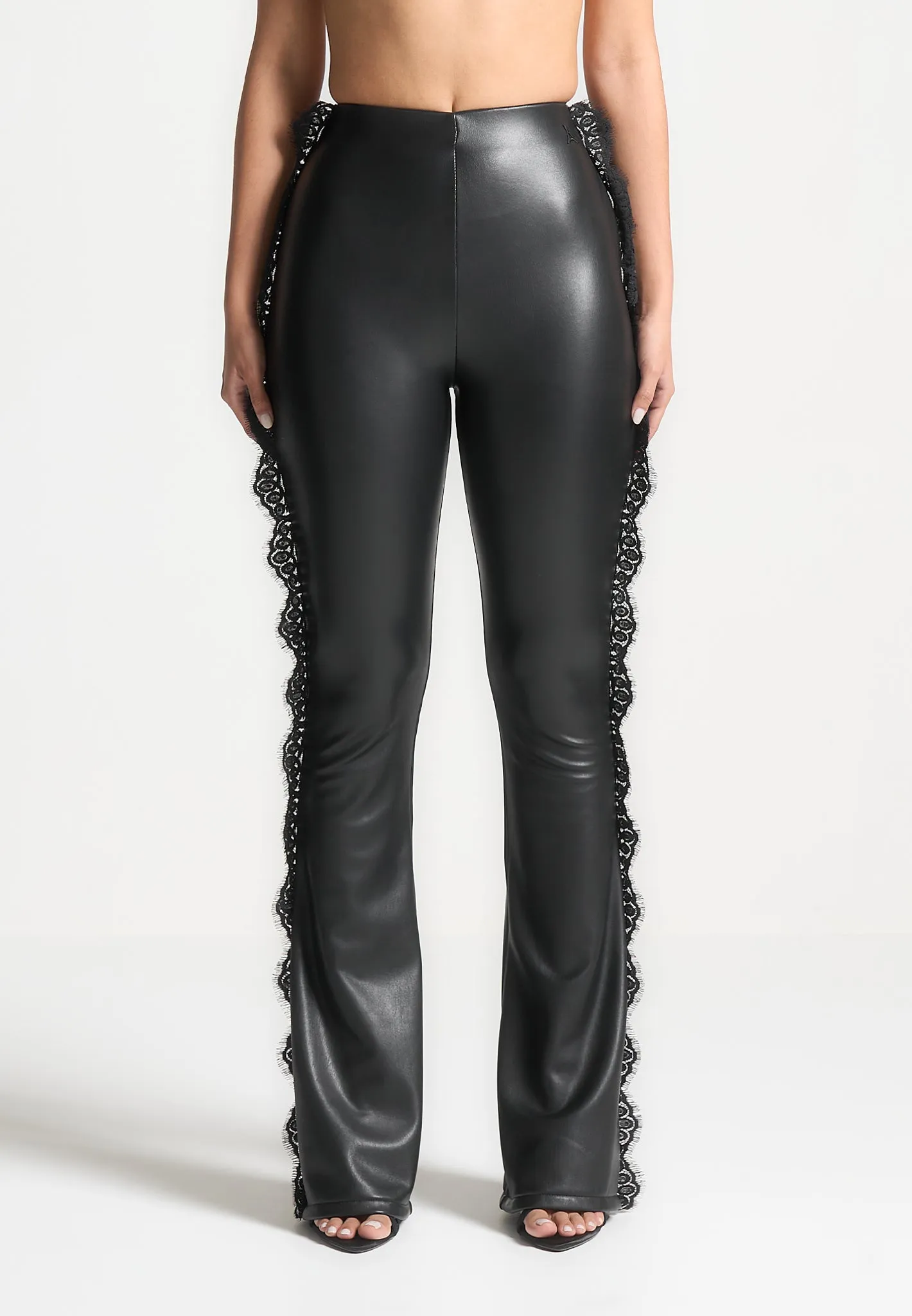 Lace Trim Leather Fit and Flare Leggings - Black sold by Maniere De Voir product image thumbnail 3