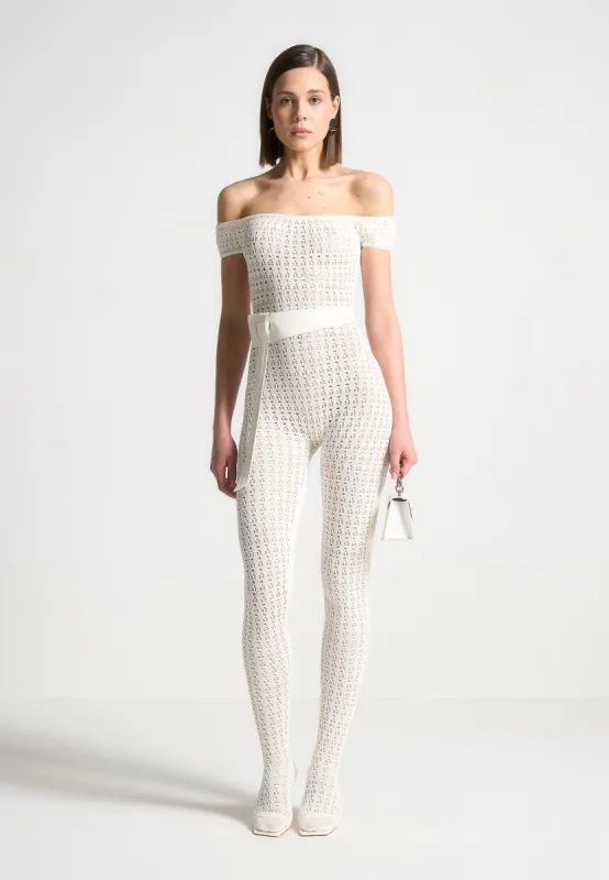 Martine - Pointelle Knit Bardot Jumpsuit with Belt - Cream sold by Maniere De Voir