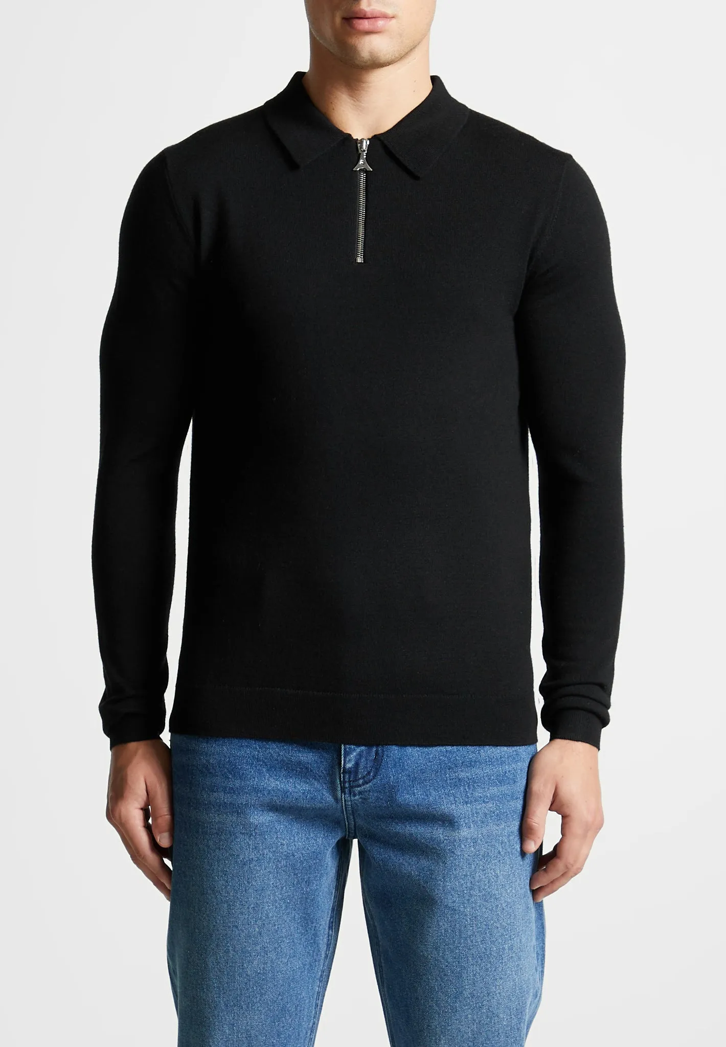 Merino Wool Long Sleeve Polo Top With Zip - Black sold by Maniere De Voir