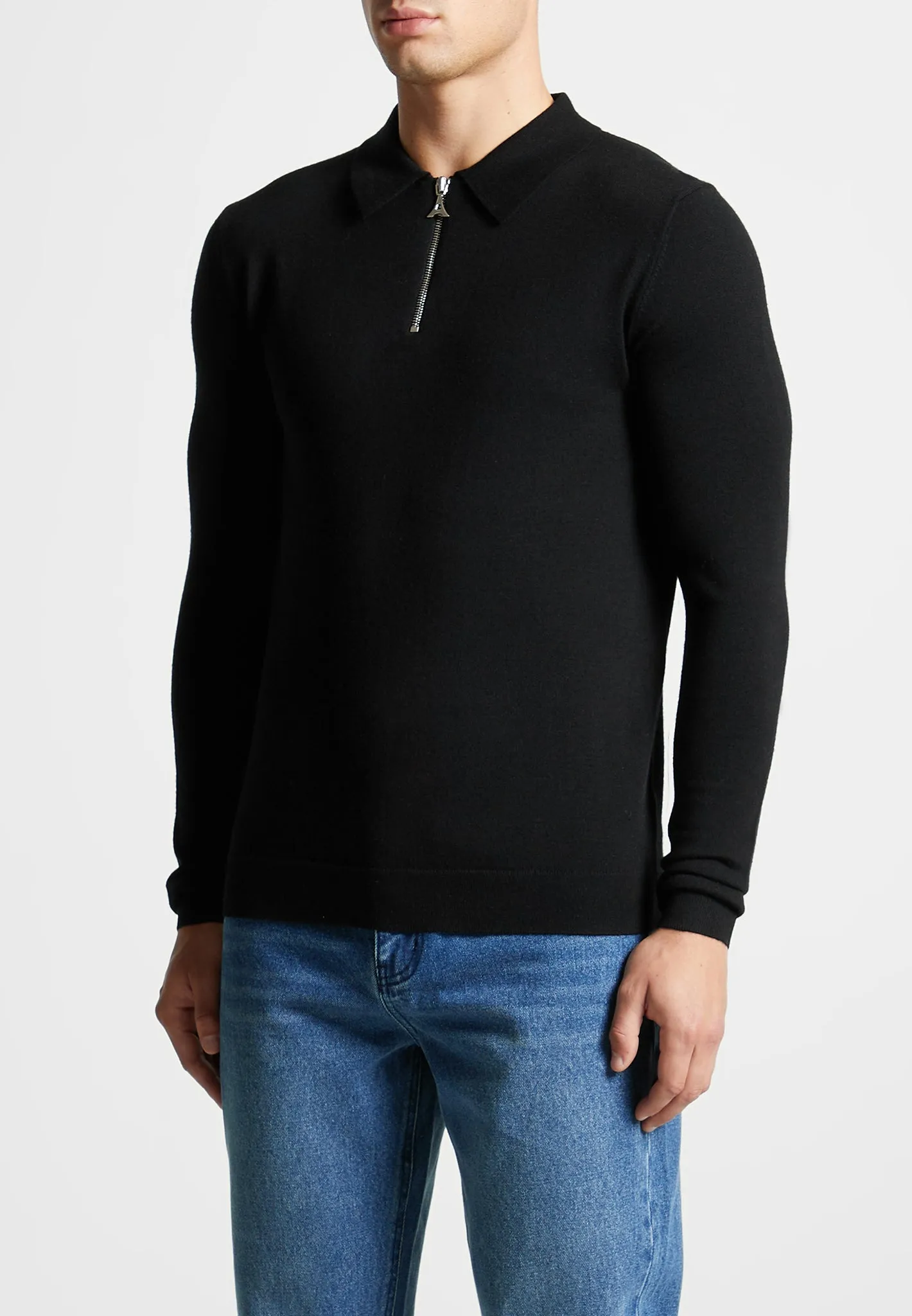 Merino Wool Long Sleeve Polo Top With Zip - Black sold by Maniere De Voir product image thumbnail 4