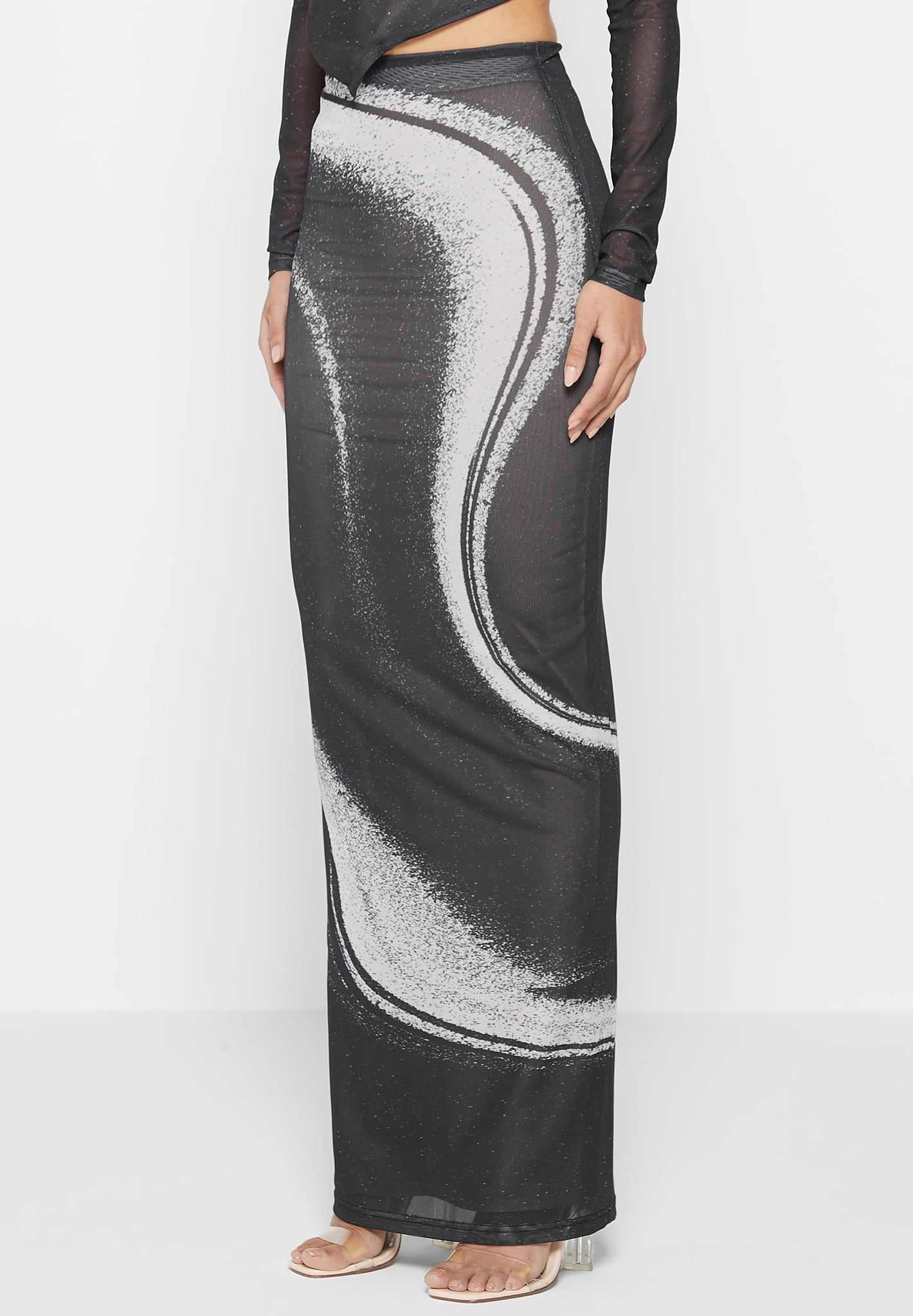 Mesh Printed Maxi Skirt - Black sold by Maniere De Voir product image thumbnail 4
