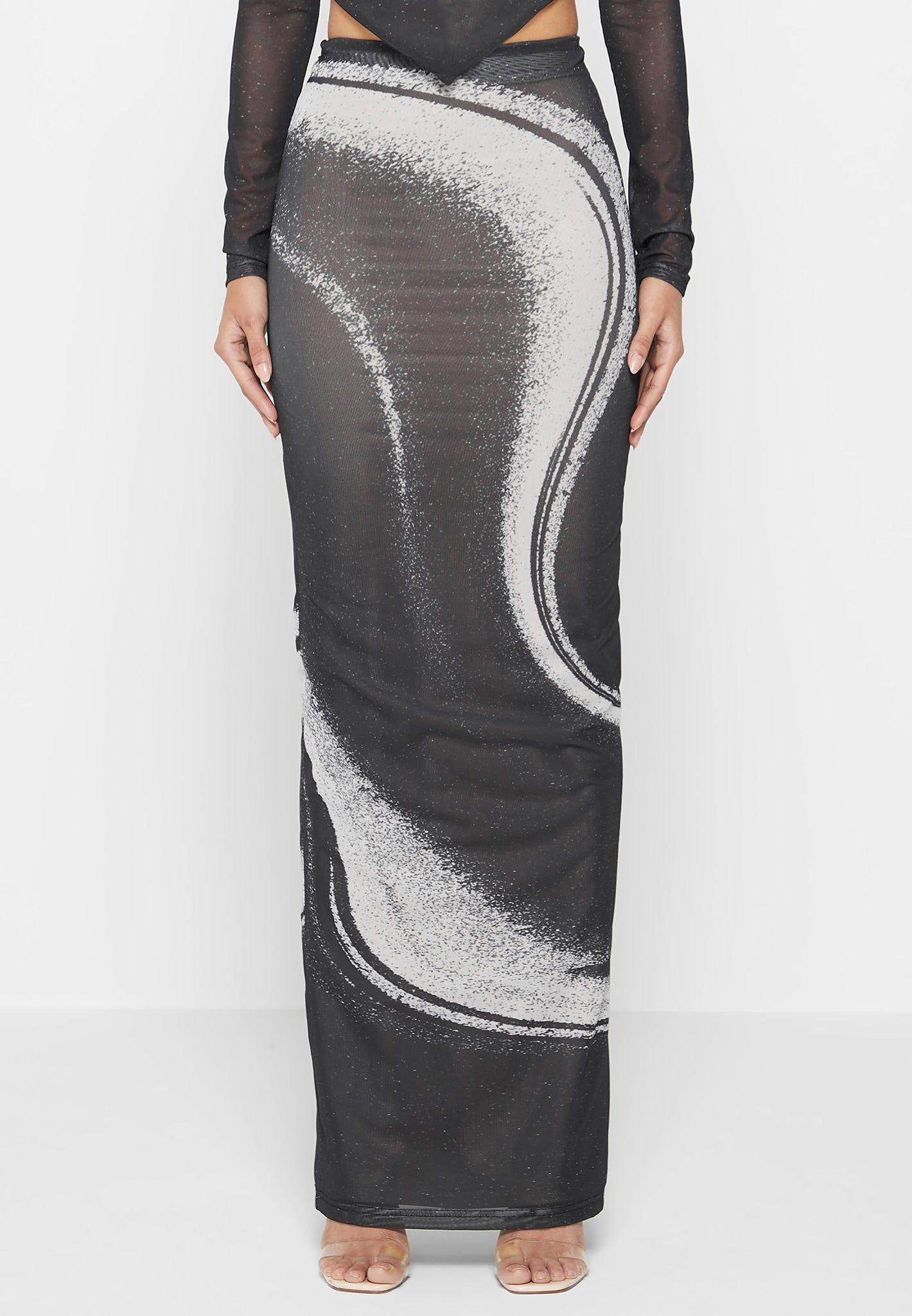 Mesh Printed Maxi Skirt - Black sold by Maniere De Voir product image thumbnail 3
