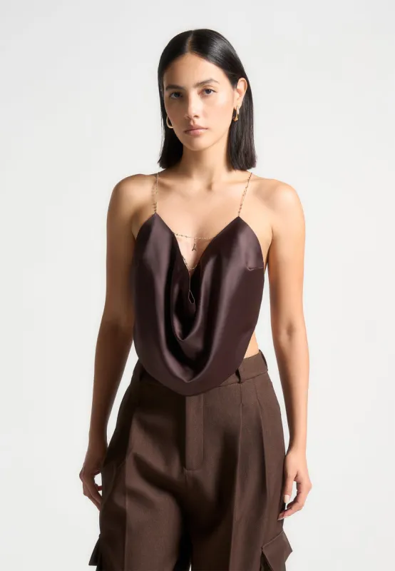 Satin Cowl Neck Top with Chain Detail - Brown sold by Maniere De Voir