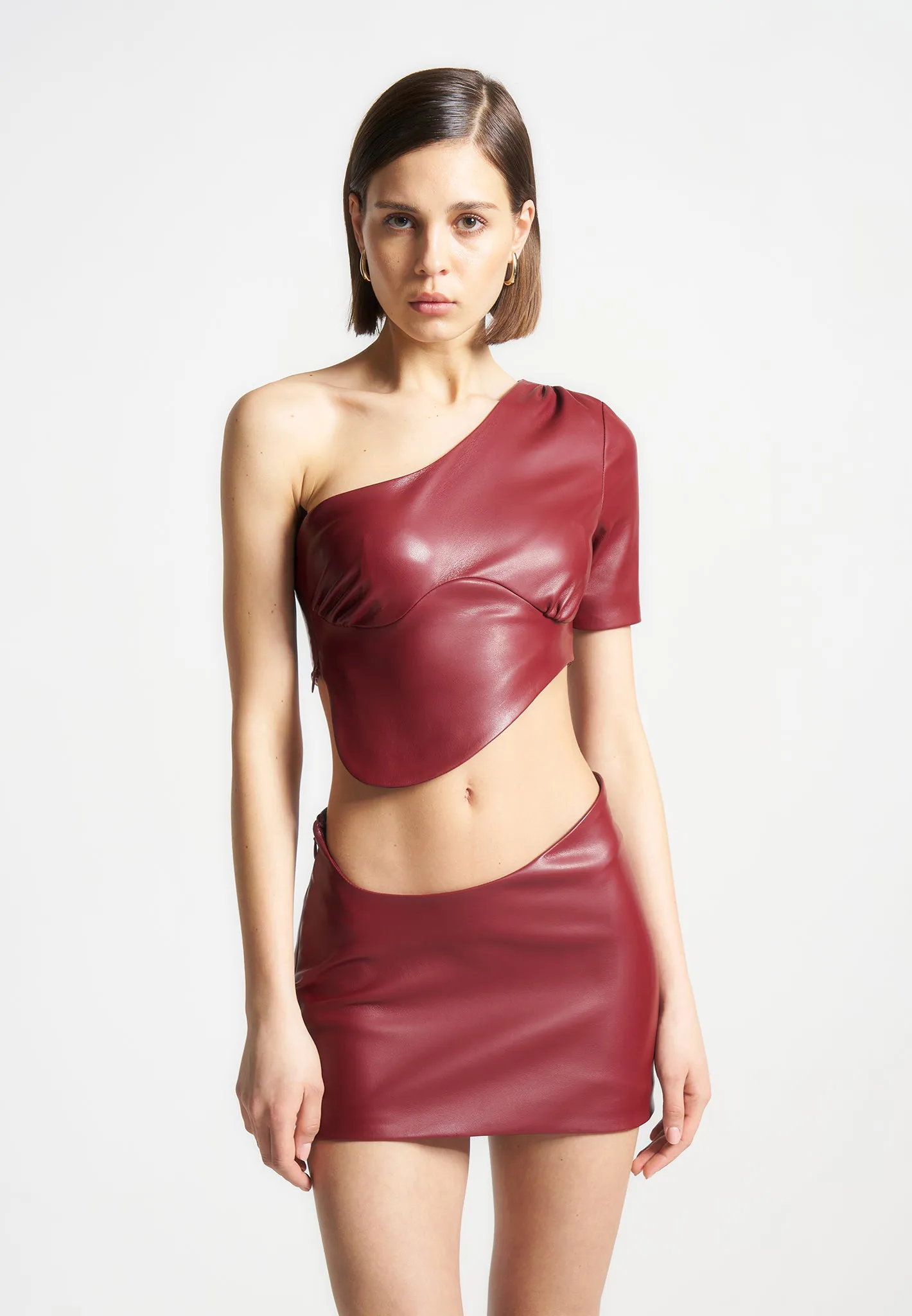 Curved Waist Leather Mini Skirt - Wine Red sold by Maniere De Voir