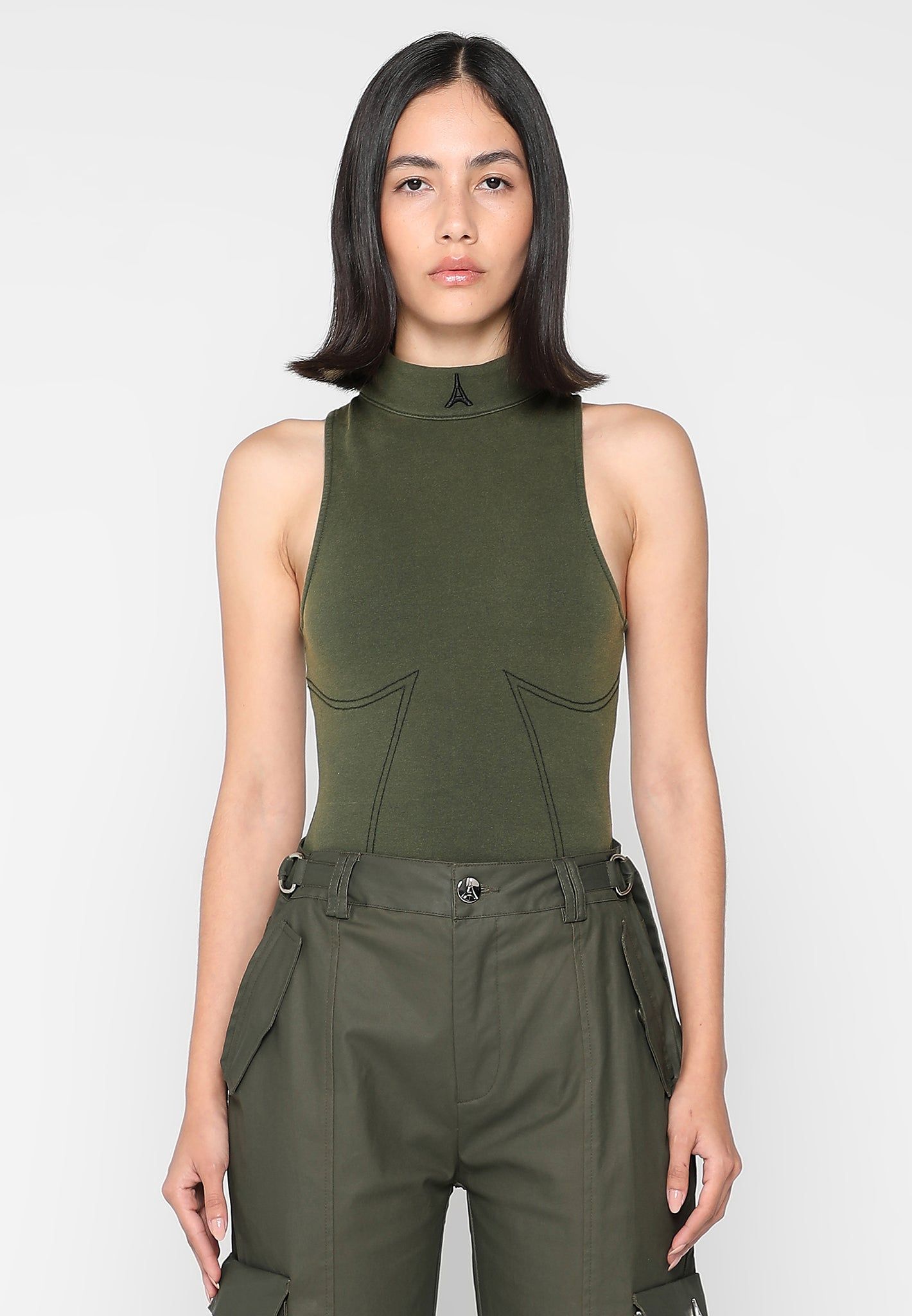 High Neck Racer Bodysuit - Washed Khaki sold by Maniere De Voir