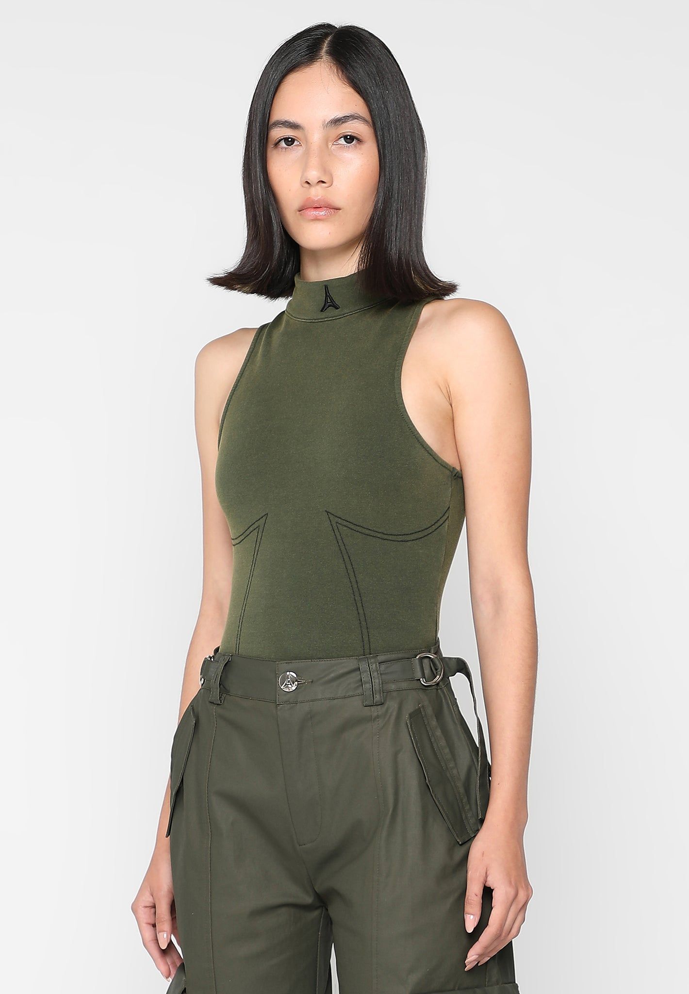 High Neck Racer Bodysuit - Washed Khaki sold by Maniere De Voir product image thumbnail 4