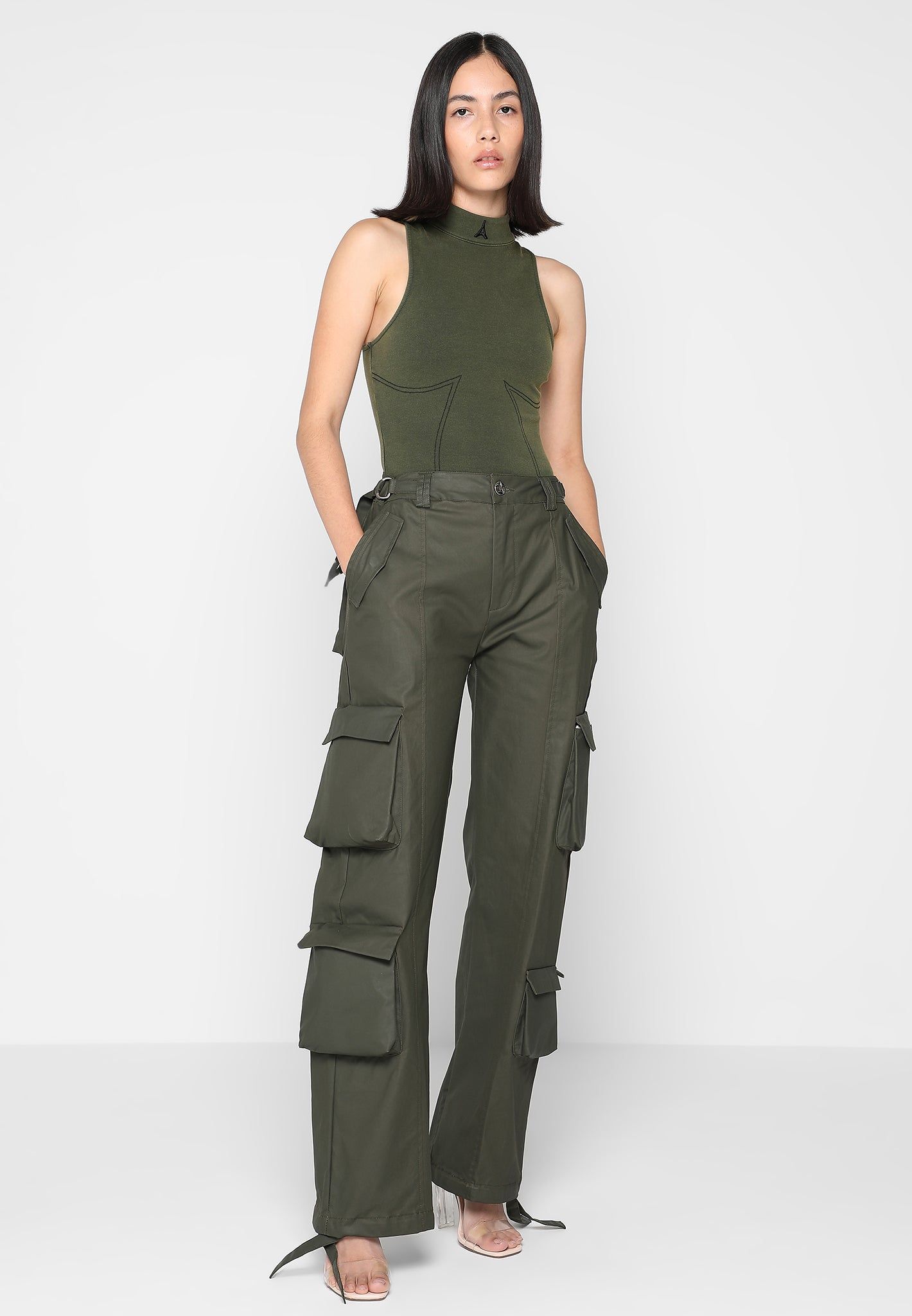 High Neck Racer Bodysuit - Washed Khaki sold by Maniere De Voir product image thumbnail 3