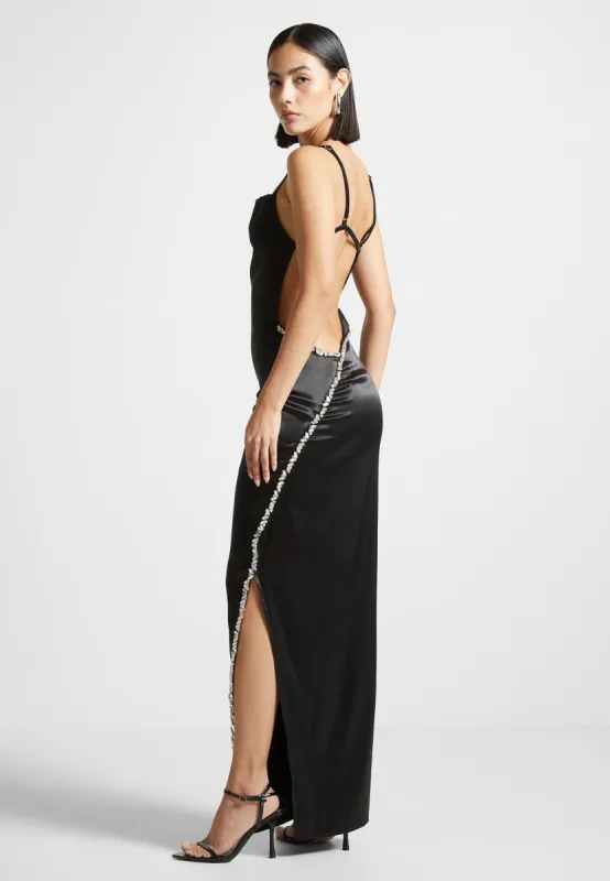 Embellished Open Back Satin Midaxi Dress - Black sold by Maniere De Voir