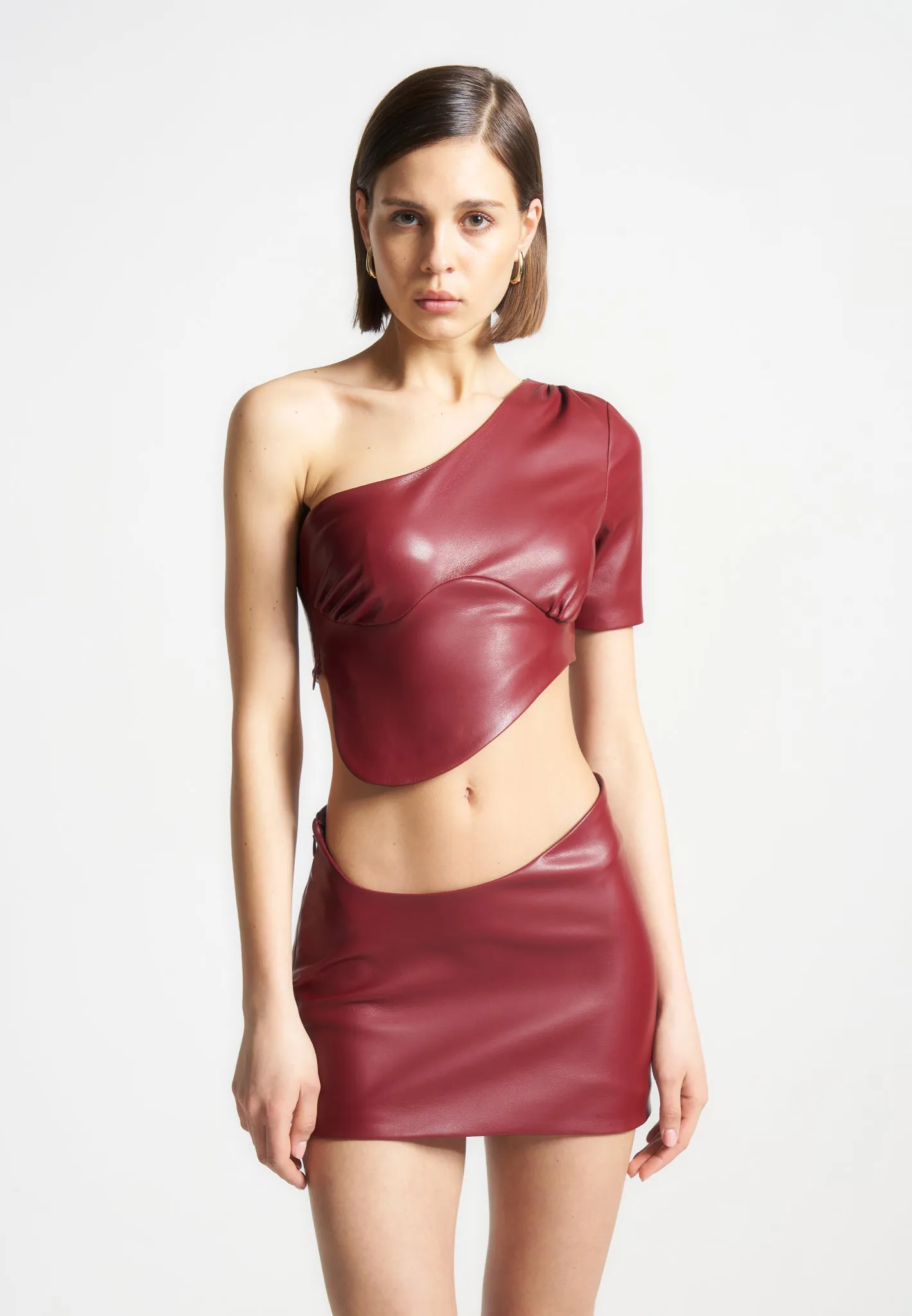 Curved Hem Leather Crop Top - Wine Red sold by Maniere De Voir product image thumbnail 4