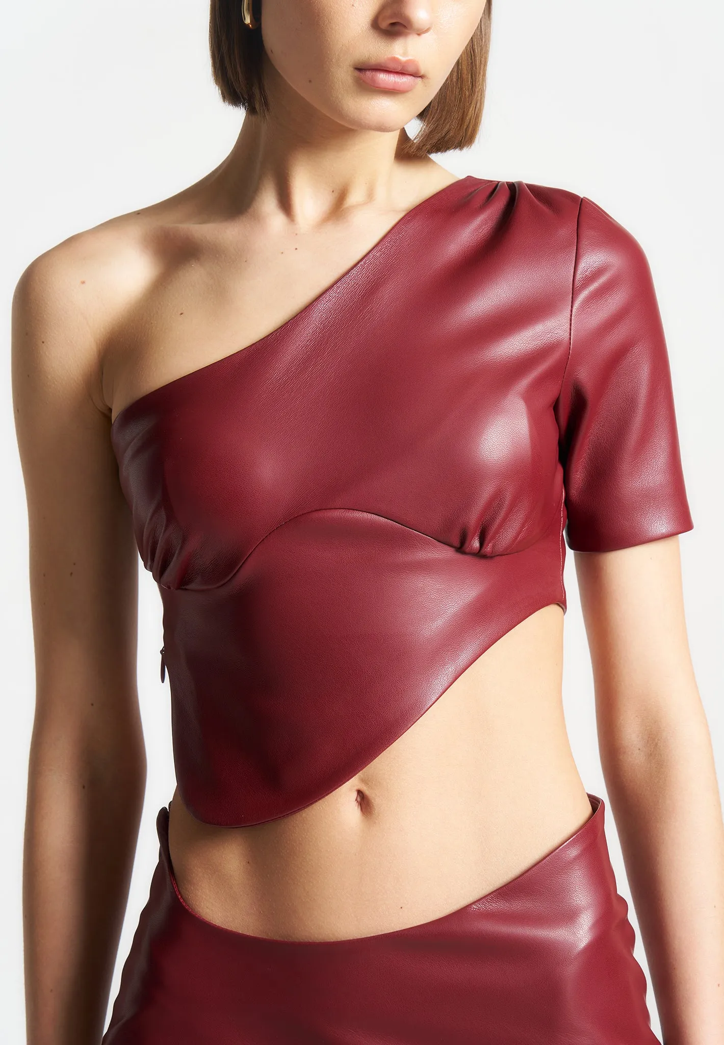 Curved Hem Leather Crop Top - Wine Red sold by Maniere De Voir product image thumbnail 2