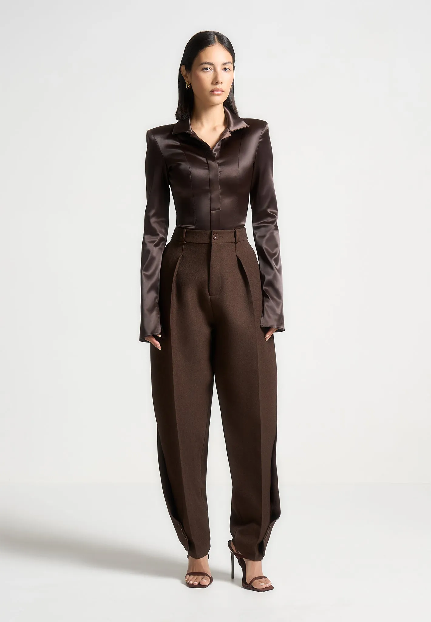 Louise - Wide Shoulder Satin Shirt Bodysuit - Brown sold by Maniere De Voir