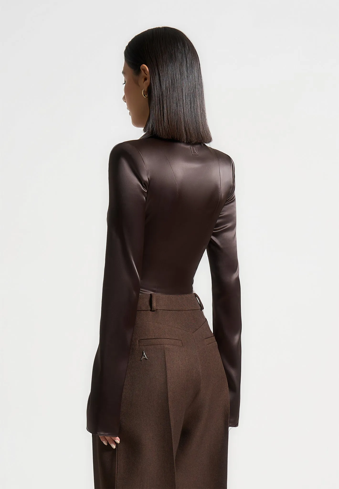 Louise - Wide Shoulder Satin Shirt Bodysuit - Brown sold by Maniere De Voir product image thumbnail 4