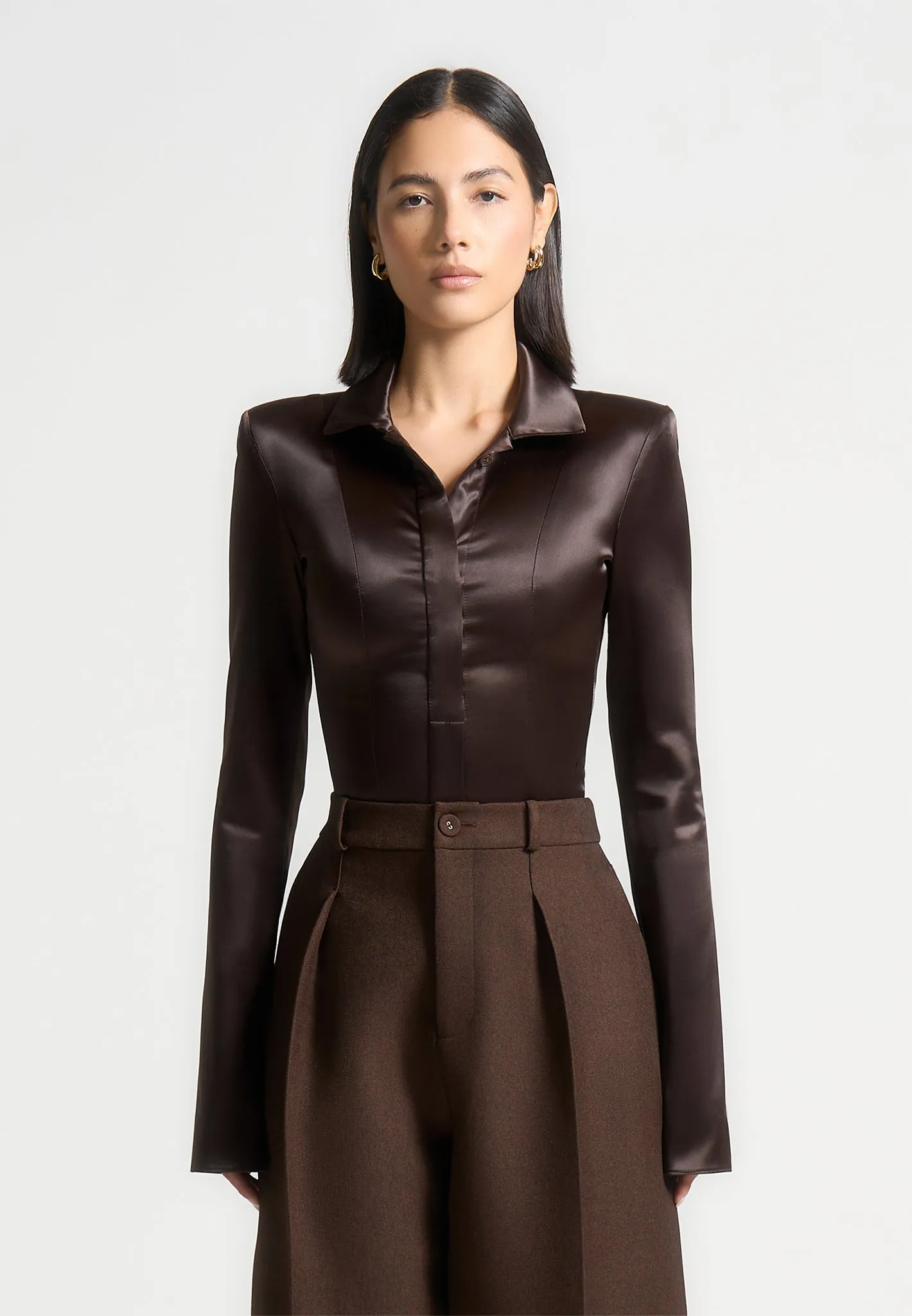 Louise - Wide Shoulder Satin Shirt Bodysuit - Brown sold by Maniere De Voir product image thumbnail 3