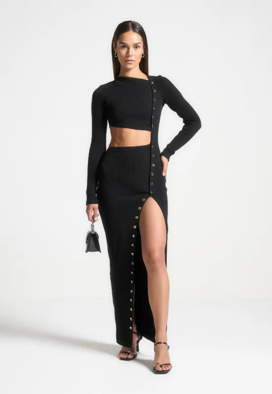 Asymmetric Button Up Cut Out Maxi Dress - Black sold by Maniere De Voir