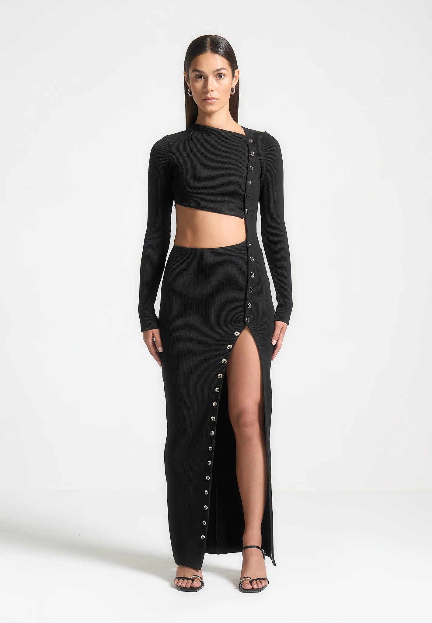 Asymmetric Button Up Cut Out Maxi Dress - Black sold by Maniere De Voir product image thumbnail 4