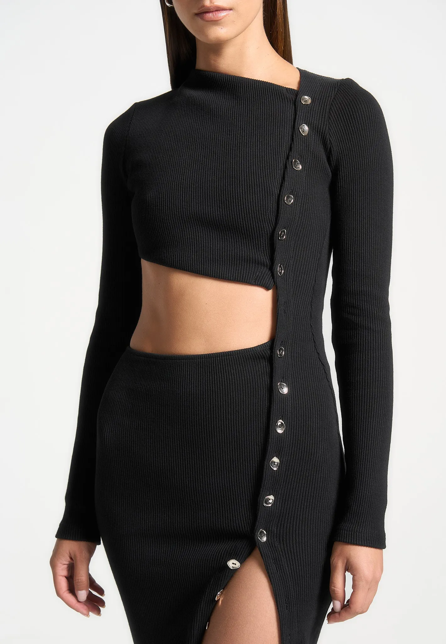 Asymmetric Button Up Cut Out Maxi Dress - Black sold by Maniere De Voir product image thumbnail 2
