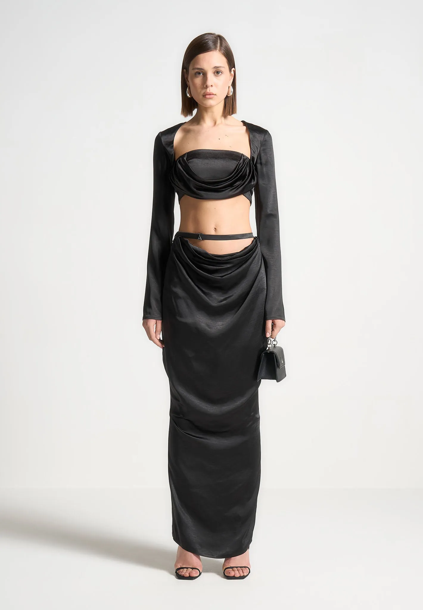 Satin Drape Belted Maxi Skirt - Black sold by Maniere De Voir