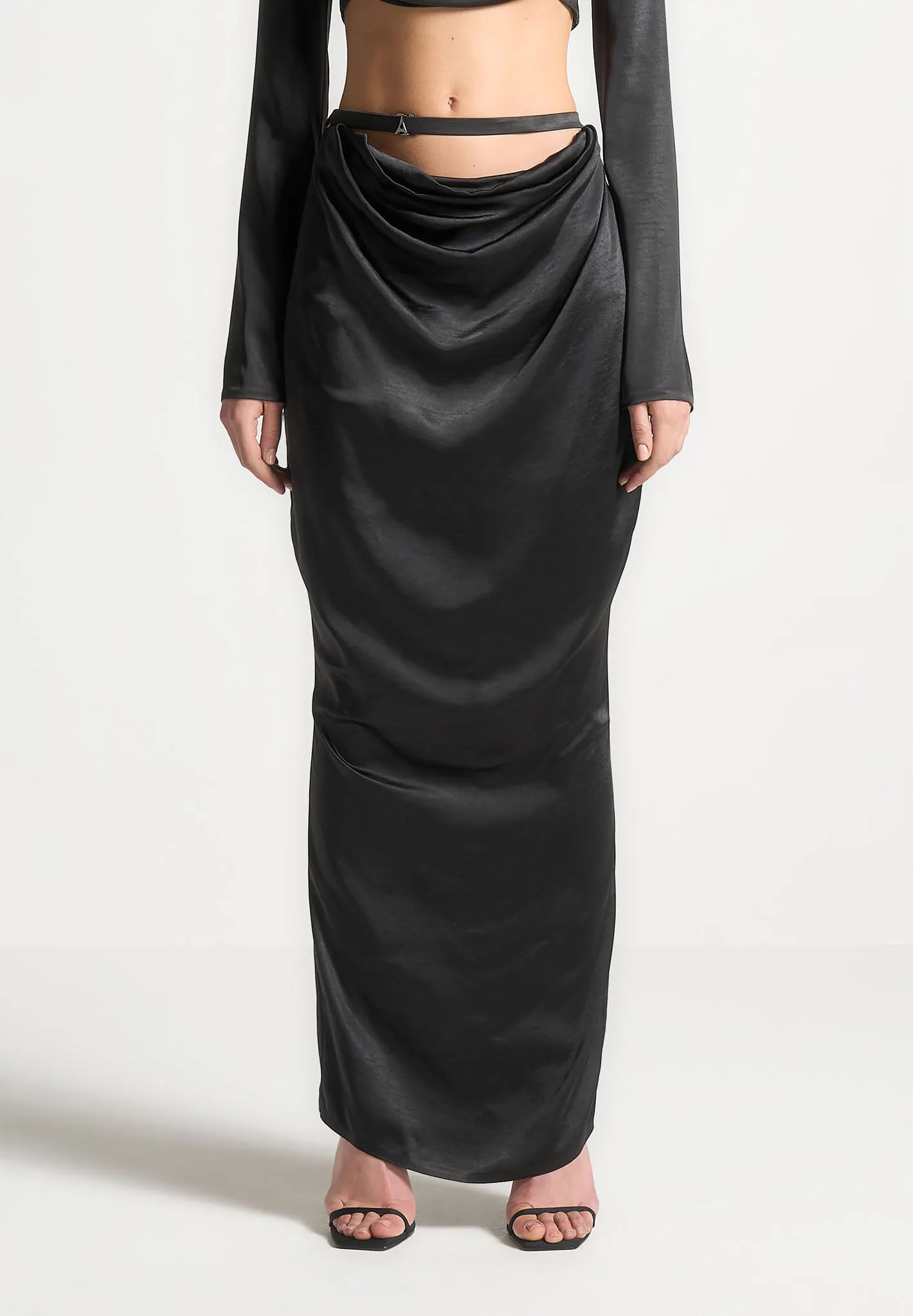 Satin Drape Belted Maxi Skirt - Black sold by Maniere De Voir product image thumbnail 3