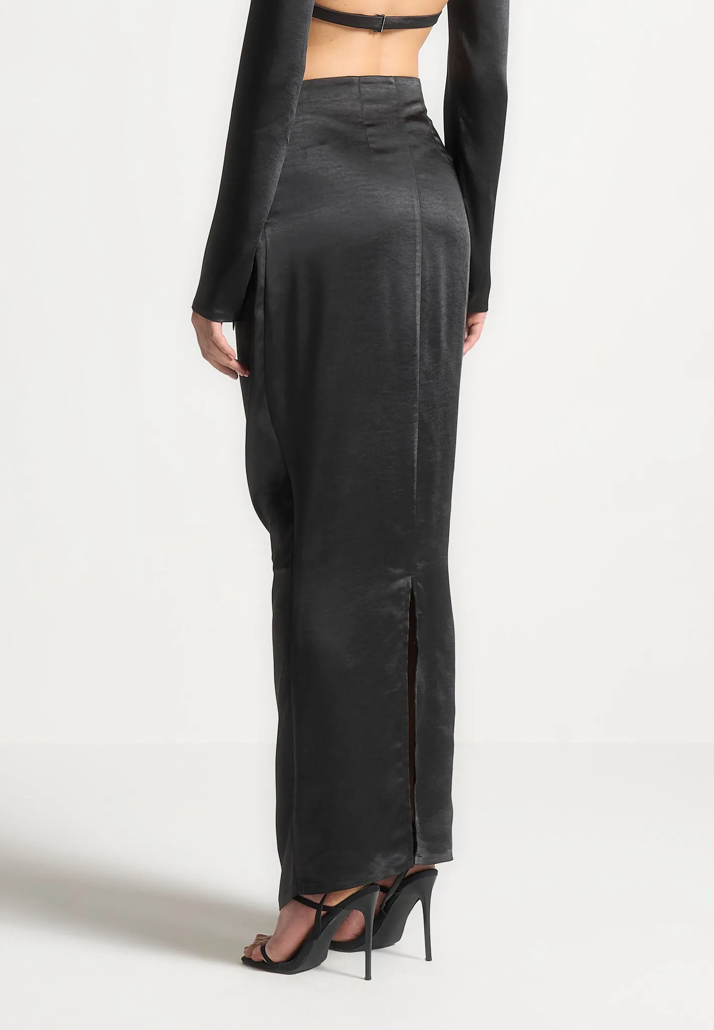 Satin Drape Belted Maxi Skirt - Black sold by Maniere De Voir product image thumbnail 4
