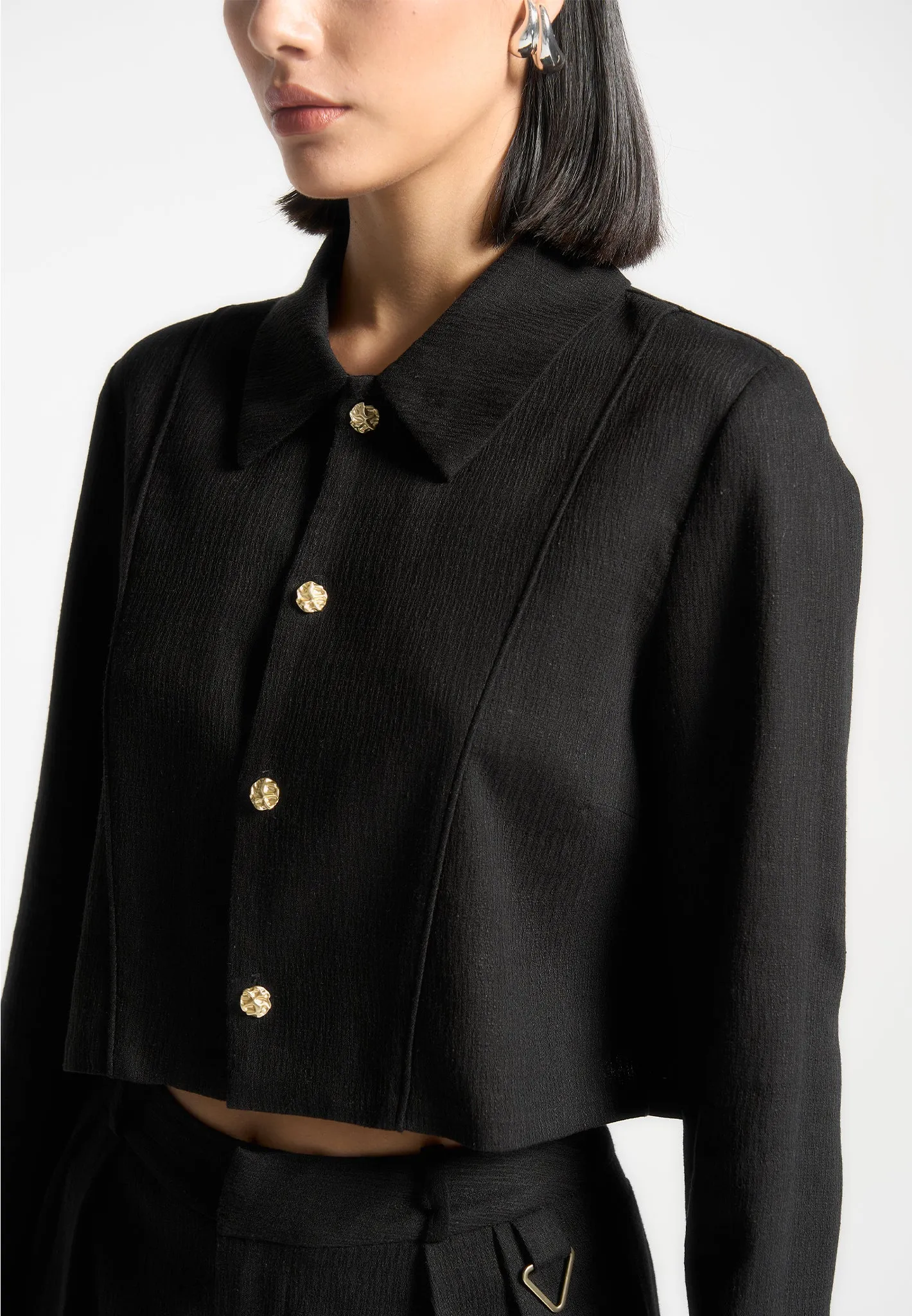 Florine - Linen Pintuck Cropped Shirt - Black sold by Maniere De Voir product image thumbnail 3