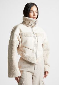 Angular Hem Leather Borg Biker Jacket - Beige sold by Maniere De Voir