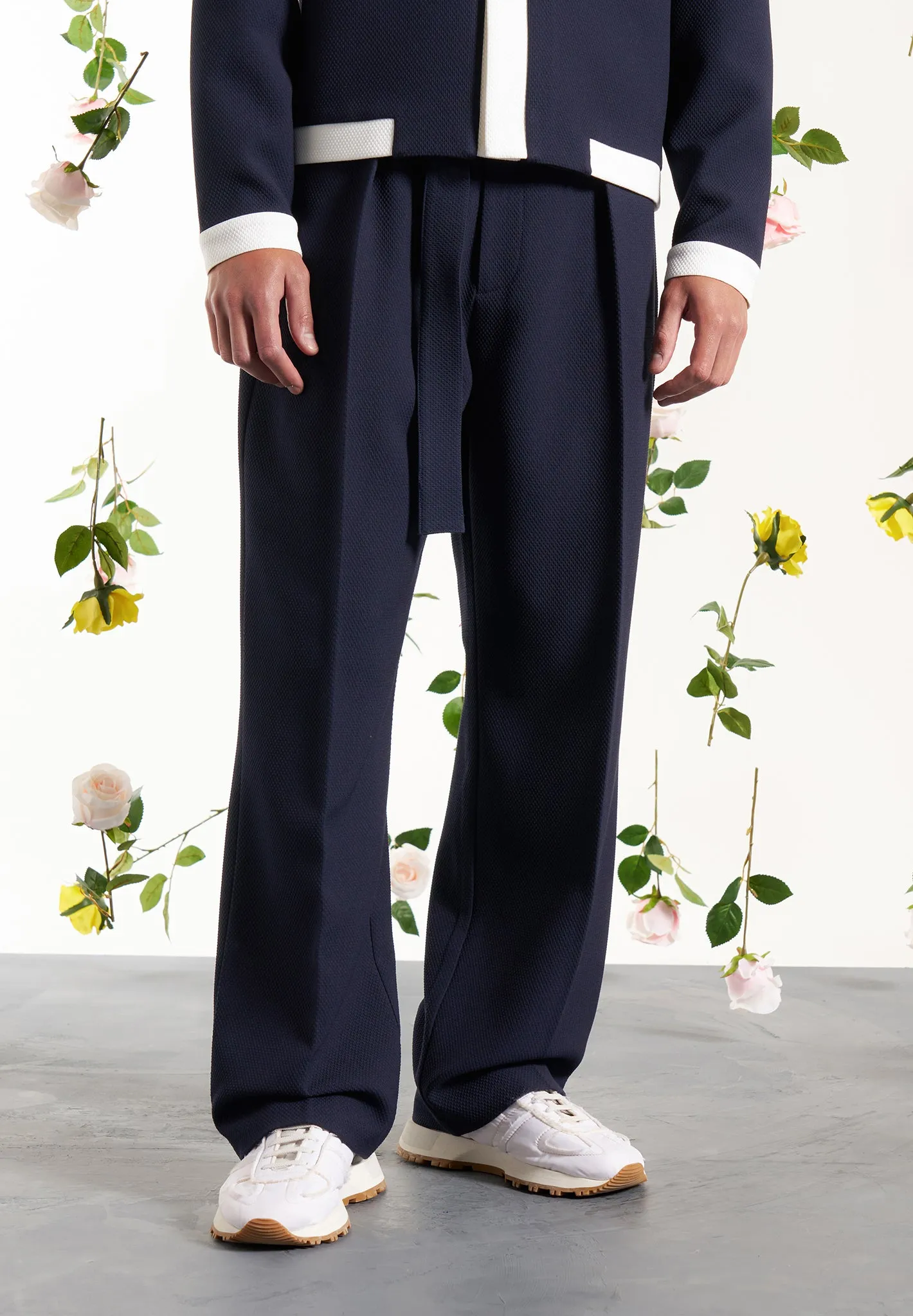 Louis - Relaxed Fit Textured Belted Tailored Trousers - Navy sold by Maniere De Voir product image thumbnail 3