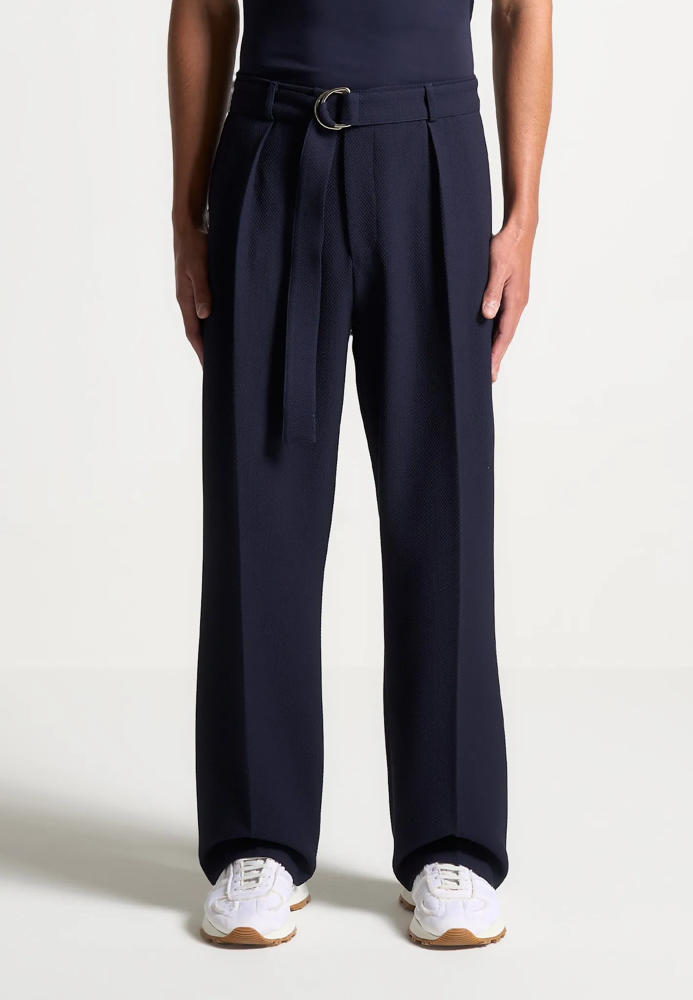 Louis - Relaxed Fit Textured Belted Tailored Trousers - Navy sold by Maniere De Voir