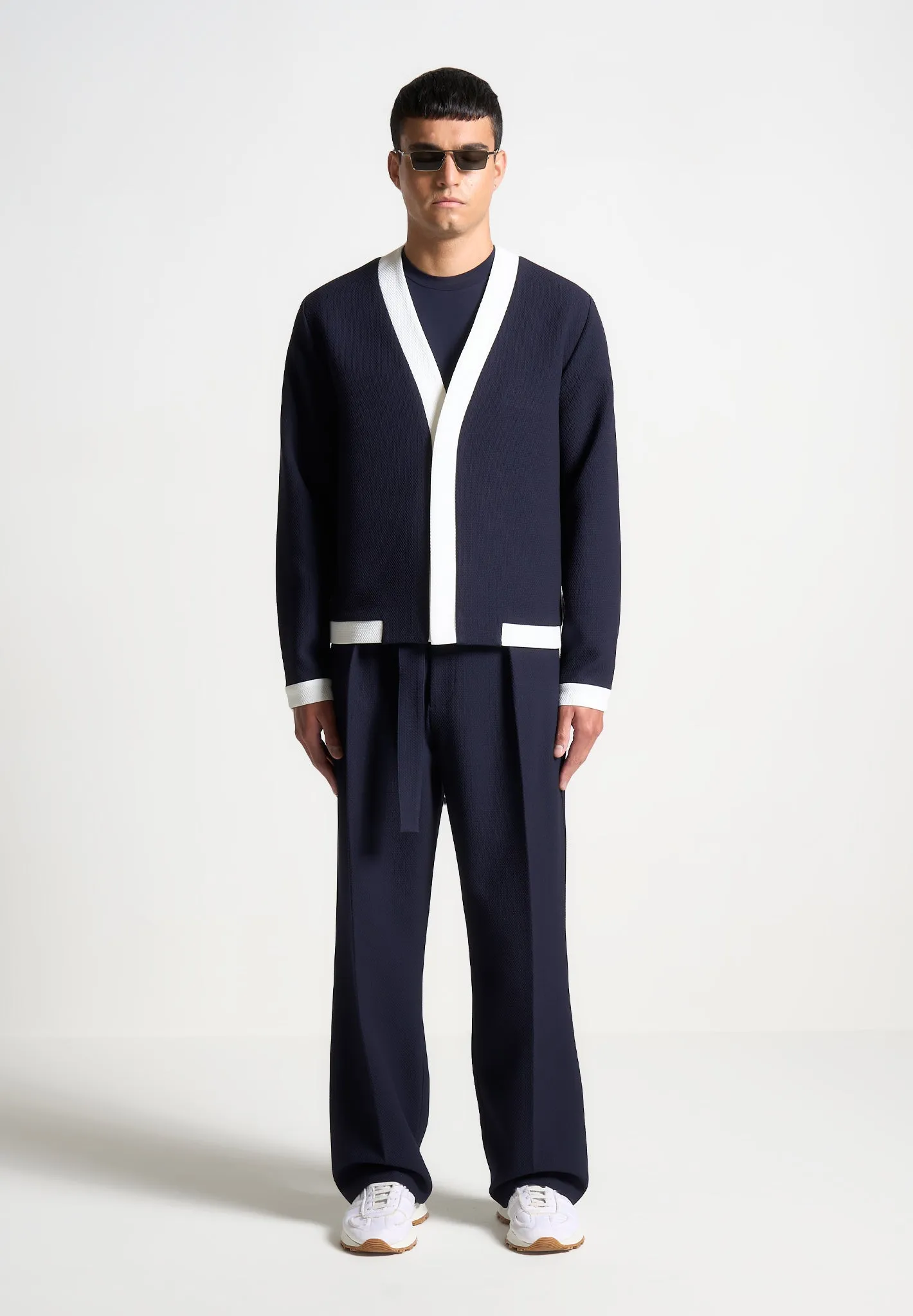 Louis - Relaxed Fit Textured Belted Tailored Trousers - Navy sold by Maniere De Voir product image thumbnail 4