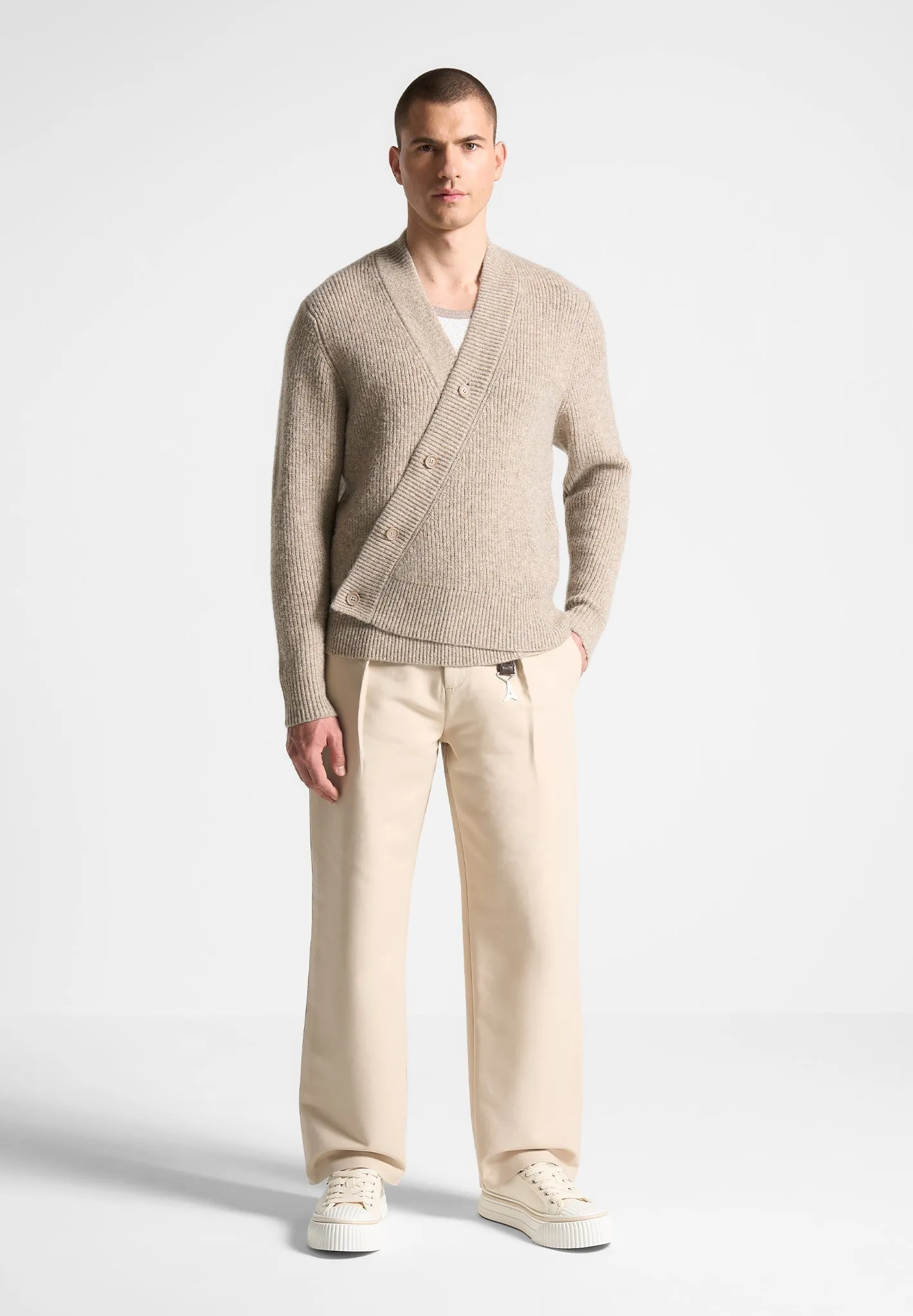 Double Breasted Brushed Knit Cardigan - Taupe sold by Maniere De Voir