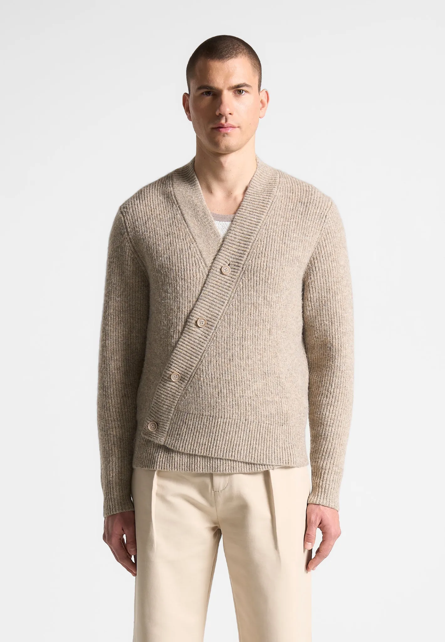 Double Breasted Brushed Knit Cardigan - Taupe sold by Maniere De Voir product image thumbnail 4