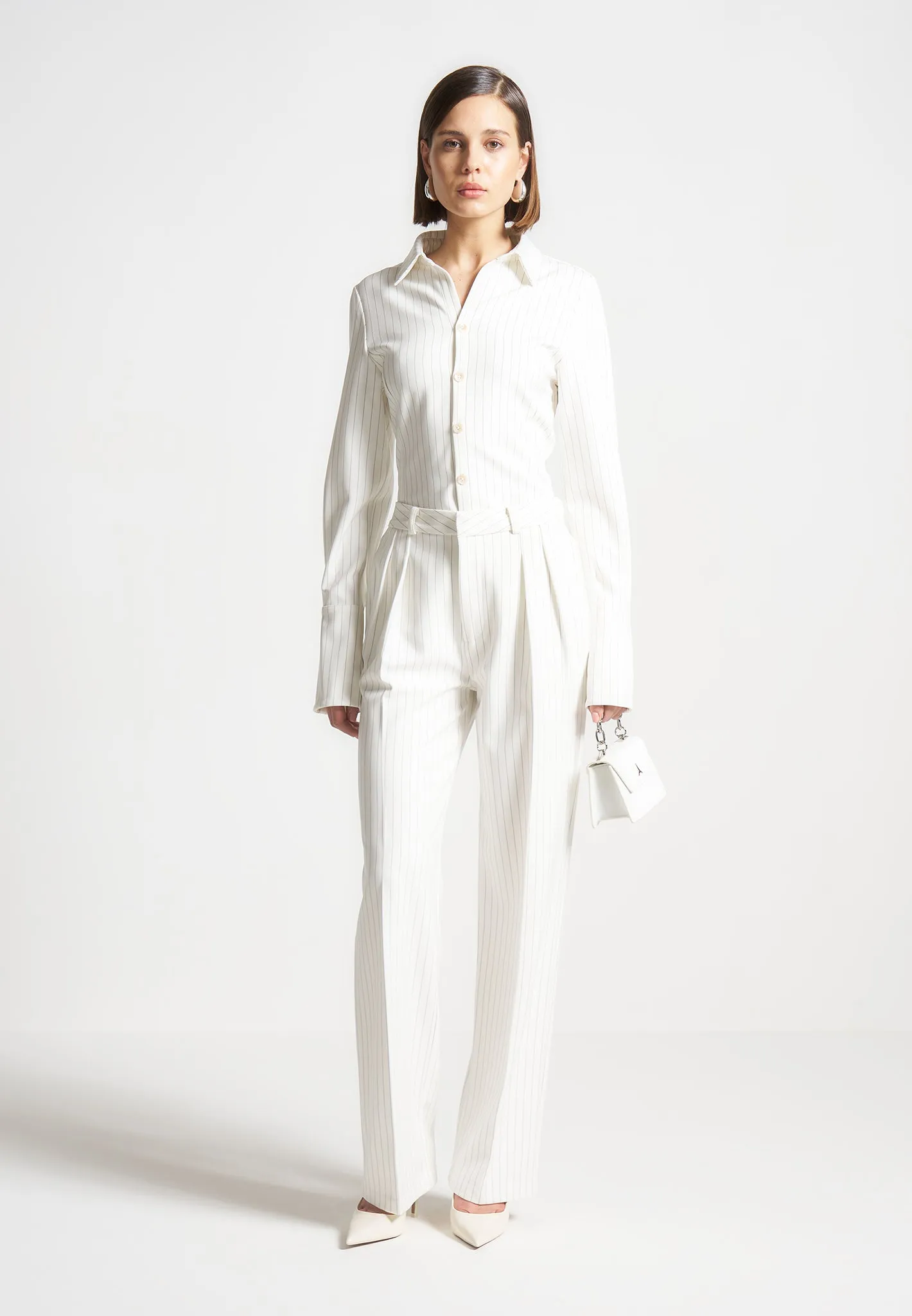 Julie - Pinstripe Twin Pleat Tailored Trousers - White sold by Maniere De Voir product image thumbnail 4