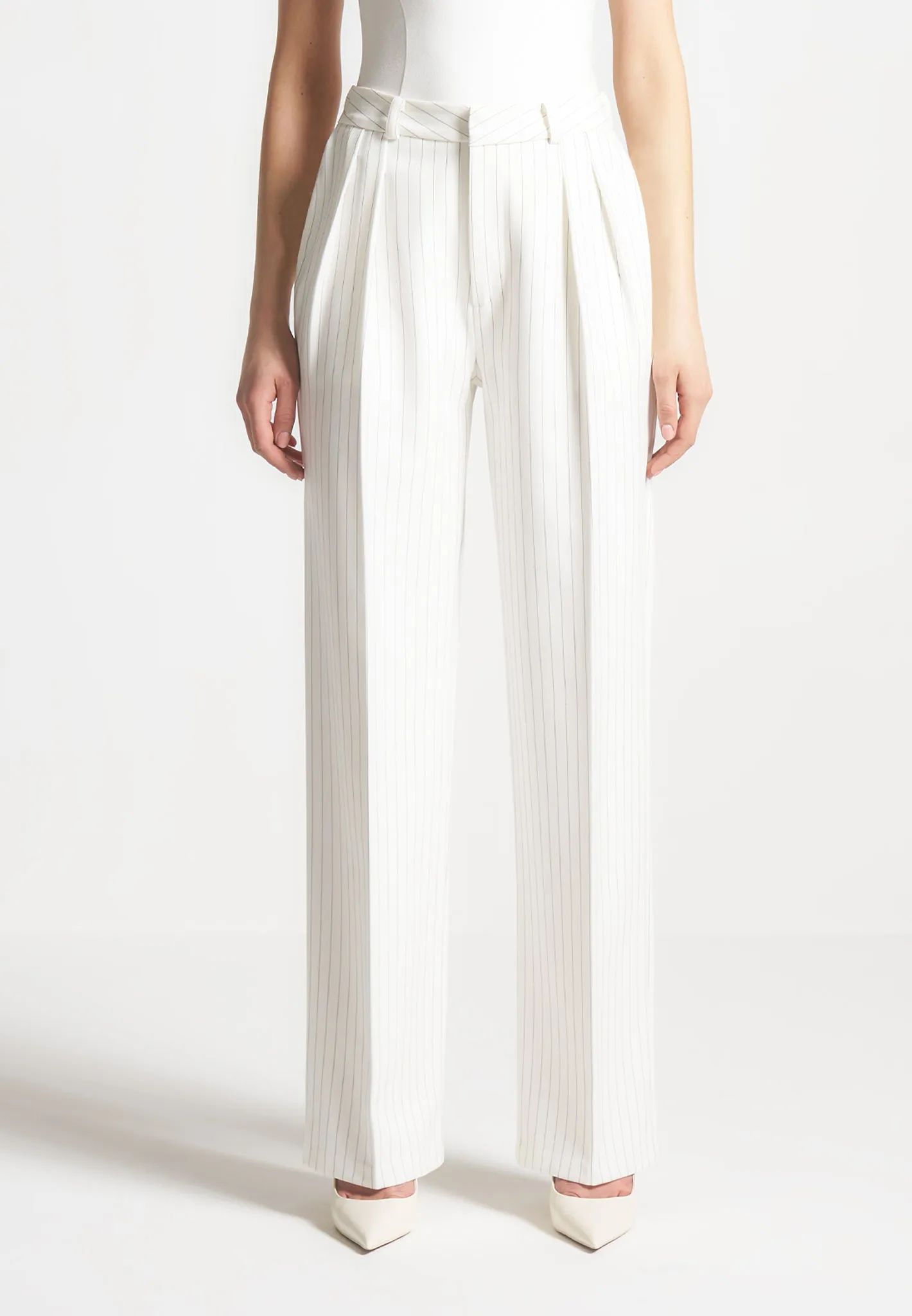 Julie - Pinstripe Twin Pleat Tailored Trousers - White sold by Maniere De Voir product image thumbnail 3