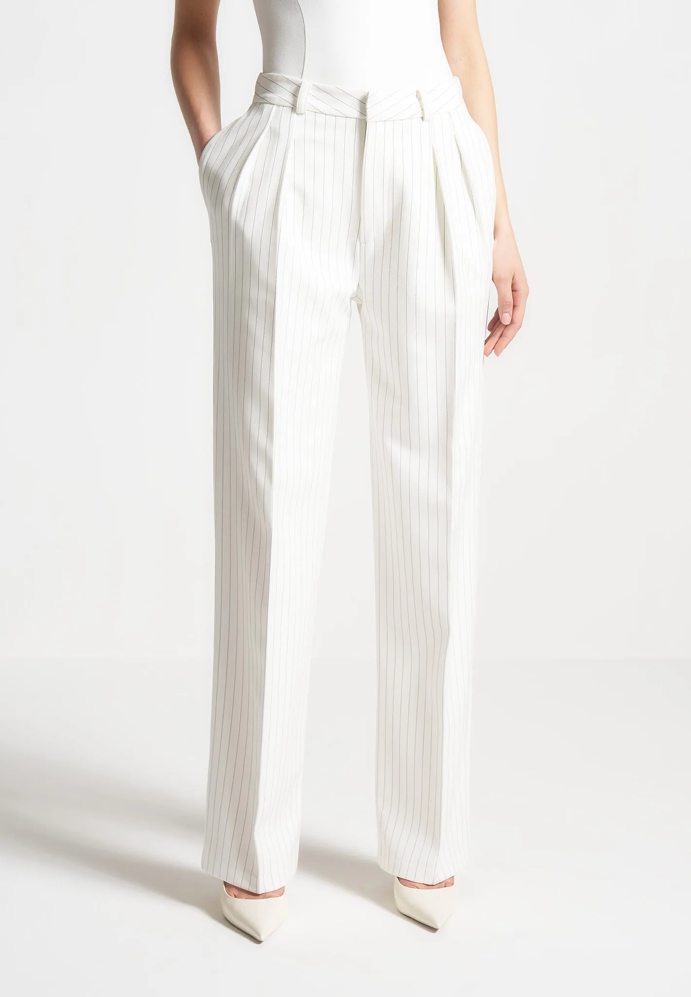 Julie - Pinstripe Twin Pleat Tailored Trousers - White sold by Maniere De Voir