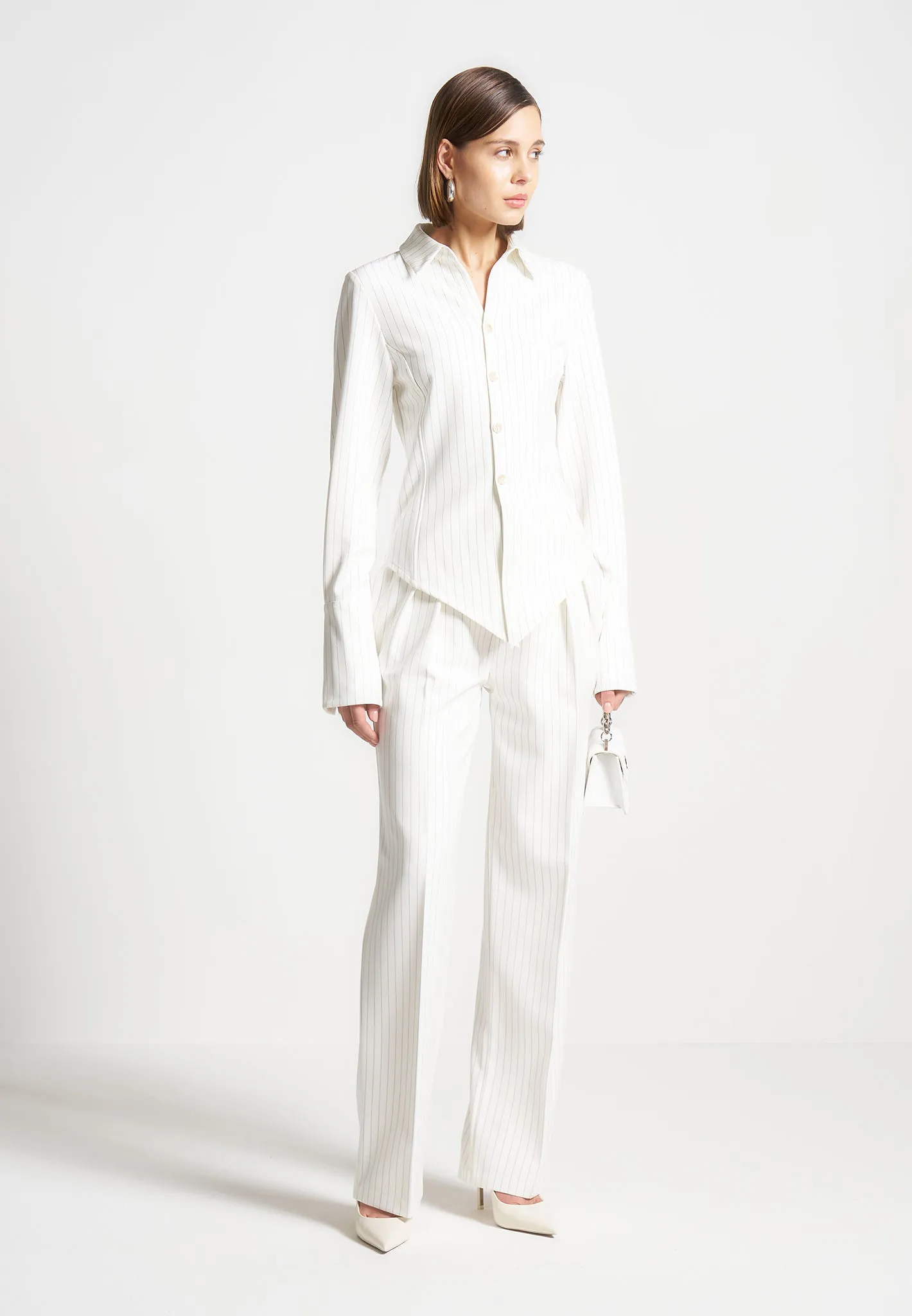 Julie - Pinstripe Twin Pleat Tailored Trousers - White sold by Maniere De Voir product image thumbnail 2