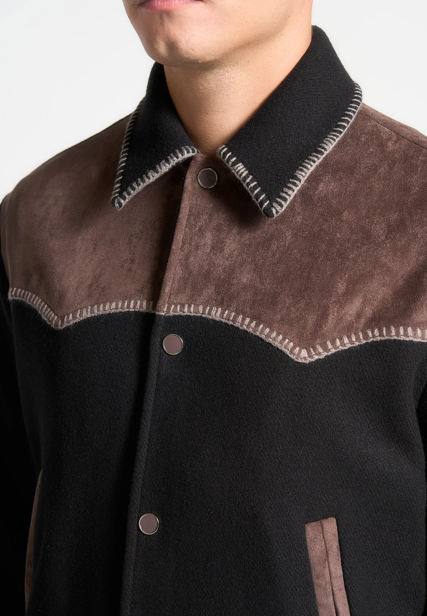 Suede and Wool Whipstitch Varsity Jacket - Black/Brown sold by Maniere De Voir product image thumbnail 5
